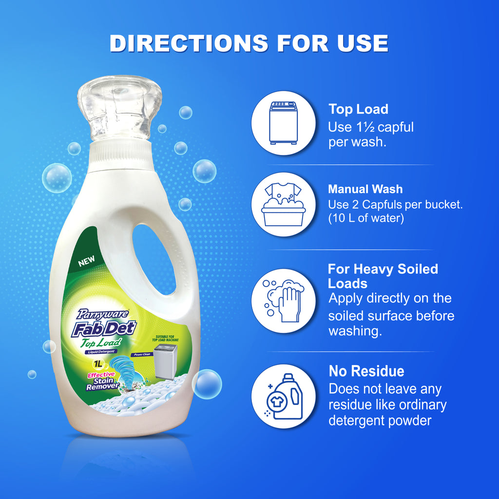 Parryware Fab Det Liquid Detergent for Top Load Washing Machine 1000 ml Pack | Removes 100 Dried Stains in 1 Wash | Dissolves Faster | Long-Lasting Fragrance | Color Protection | FCLD0204