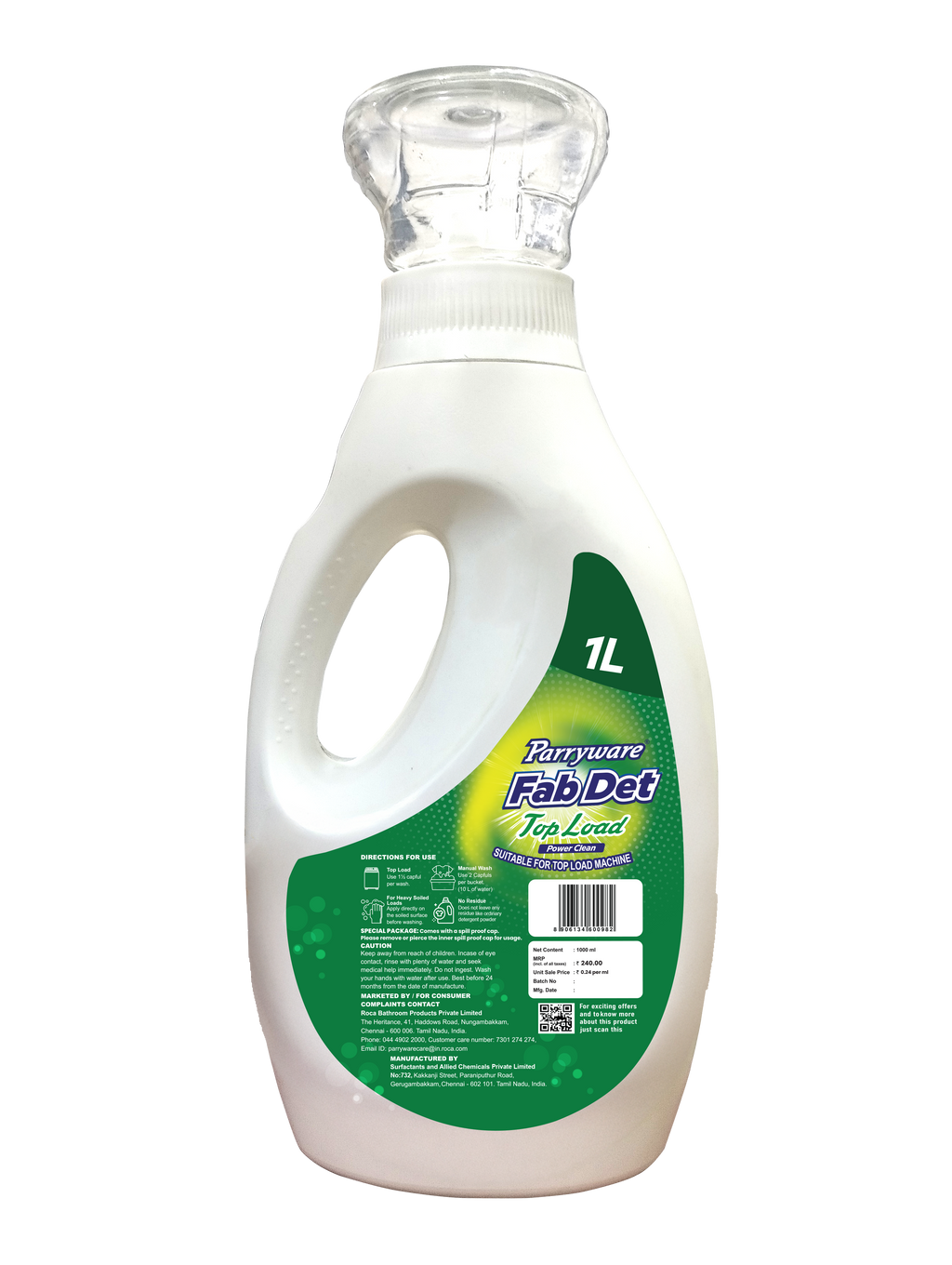 Parryware Fab Det Liquid Detergent for Top Load Washing Machine 1000 ml Pack | Removes 100 Dried Stains in 1 Wash | Dissolves Faster | Long-Lasting Fragrance | Color Protection | FCLD0204