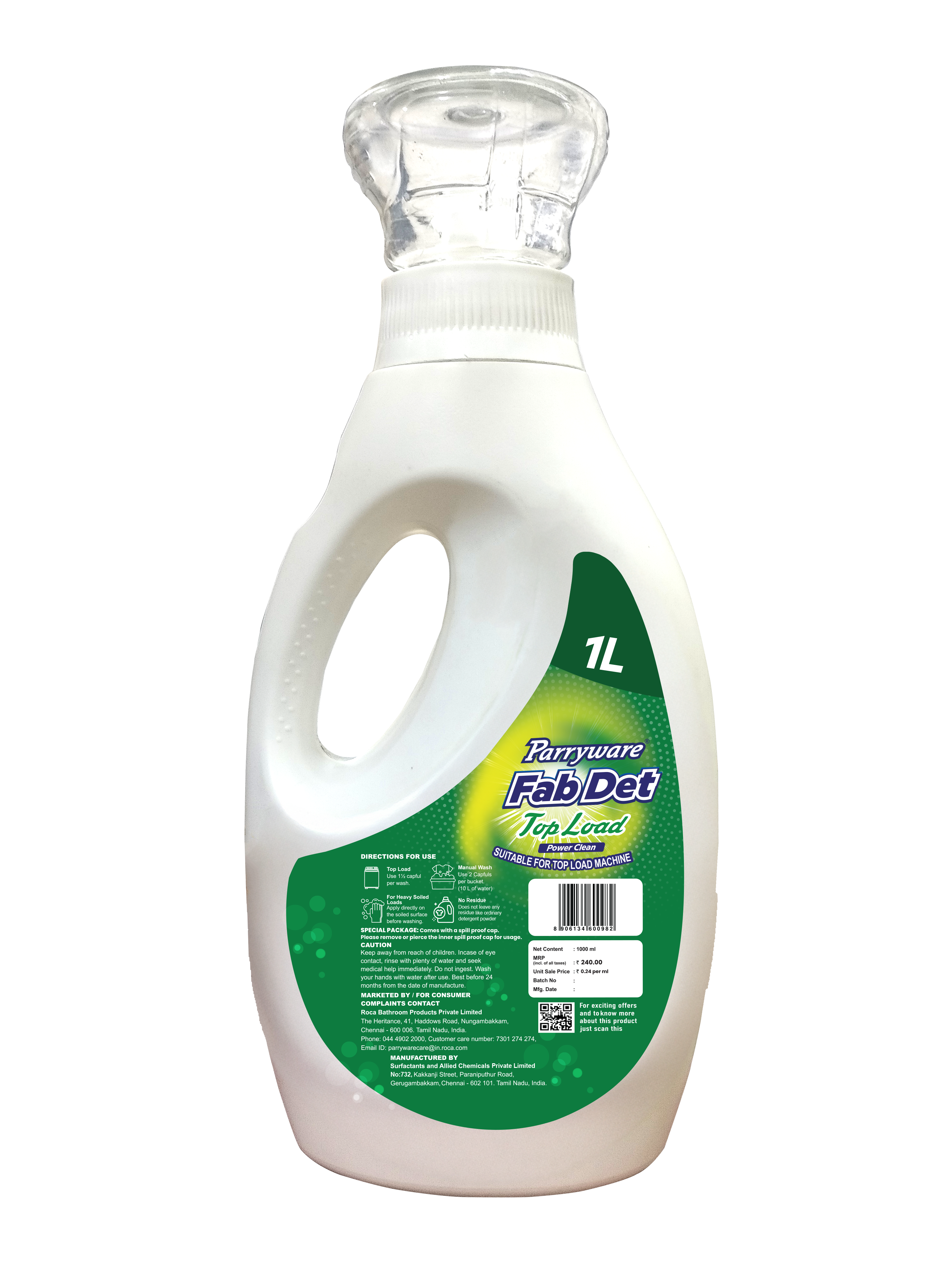 Parryware Fab Det Liquid Detergent for Top Load Washing Machine 1000 ml Pack | Removes 100 Dried Stains in 1 Wash | Dissolves Faster | Long-Lasting Fragrance | Color Protection | FCLD0204