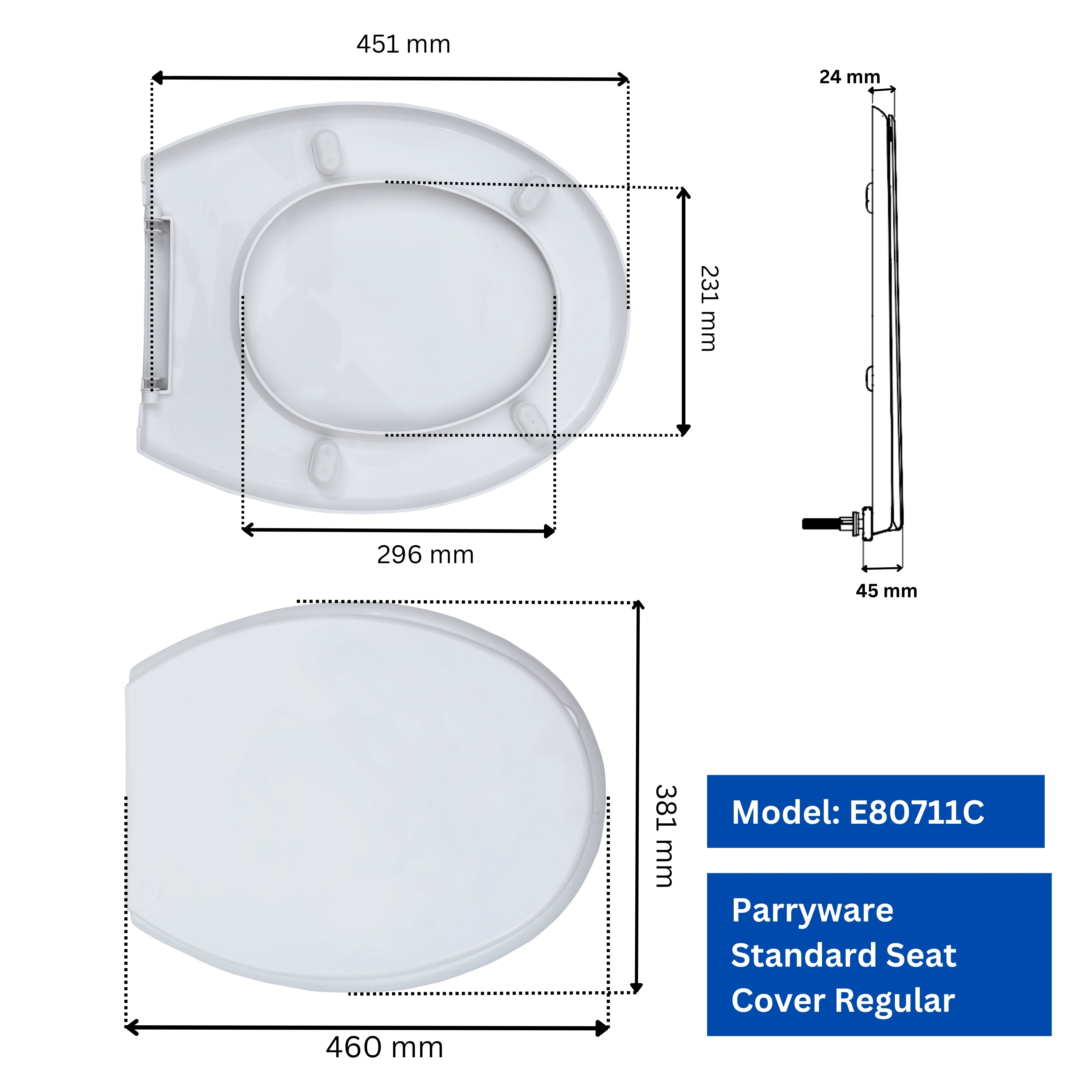 Parryware Toilet Standard Seat Cover Regular with Plastic Hinges 1 Unit Each of PP Seat, PP Cover, Ultra White, Antibacterial & Comfortable, Commode Seat Cover for Bathroom Fixture | E80711C