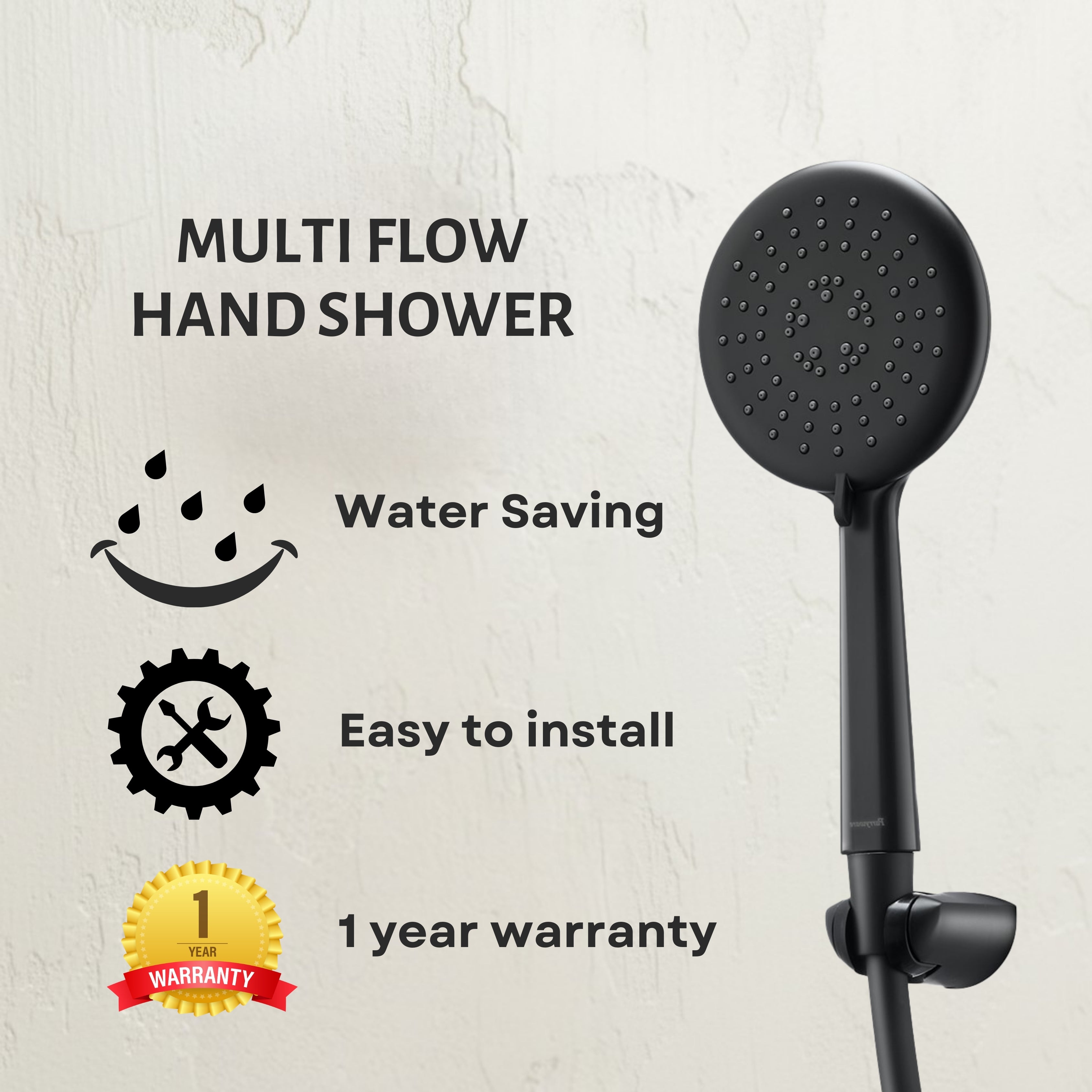 Parryware Airmix Button 3-Function Hand Shower 120 mm With 1.5 Meter Shower Hose Pipe & Wall Hook | Multi-Function Shower | Matte Black | Pack of 1 | for Bath Fixtures | T9862A1