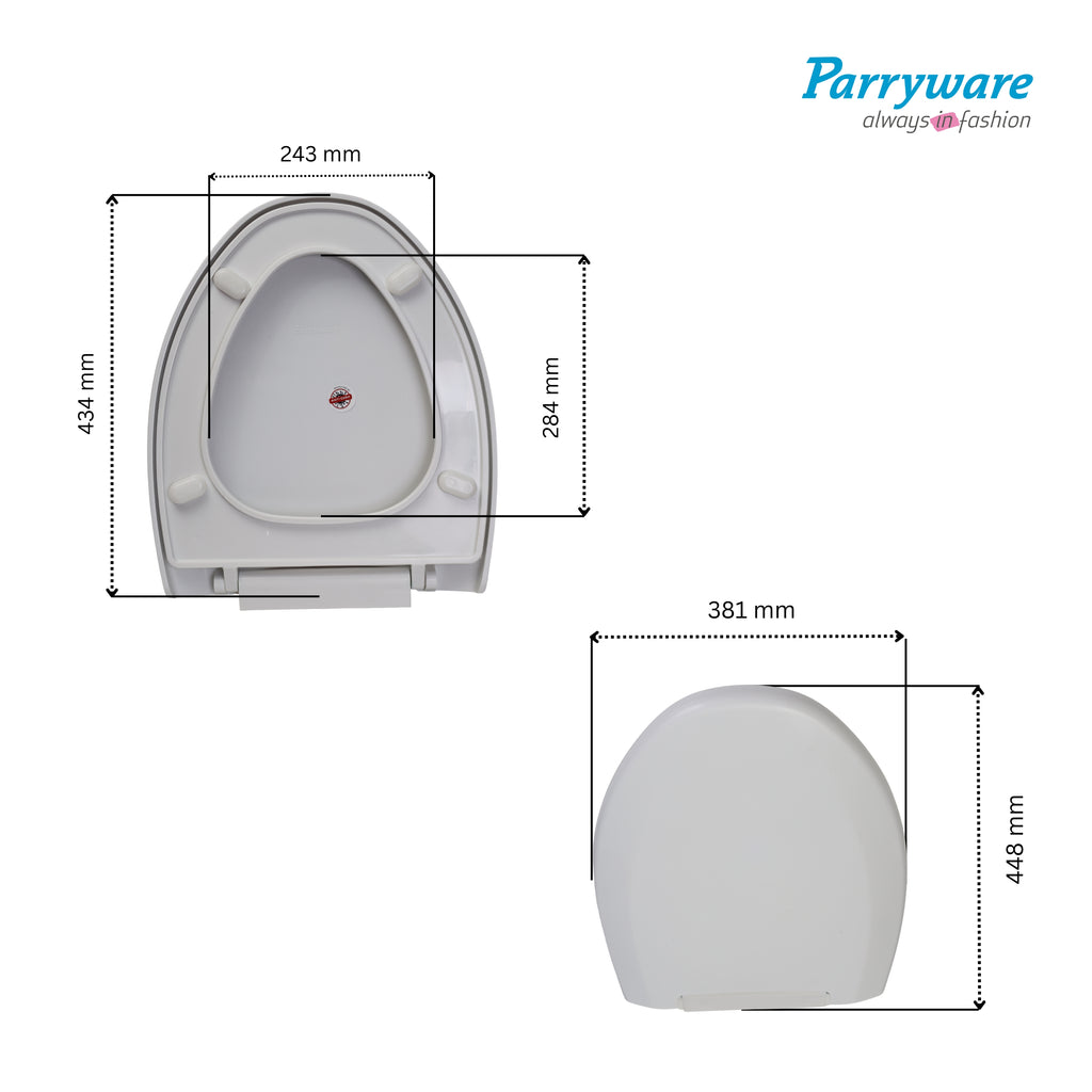Parryware Casa/Cascade NXT Elongated Soft Close Toilet Seat Cover, White | Polypropylene Seat cover with plastic hinges | 381 x 53 x 448 (mm) | E83821C