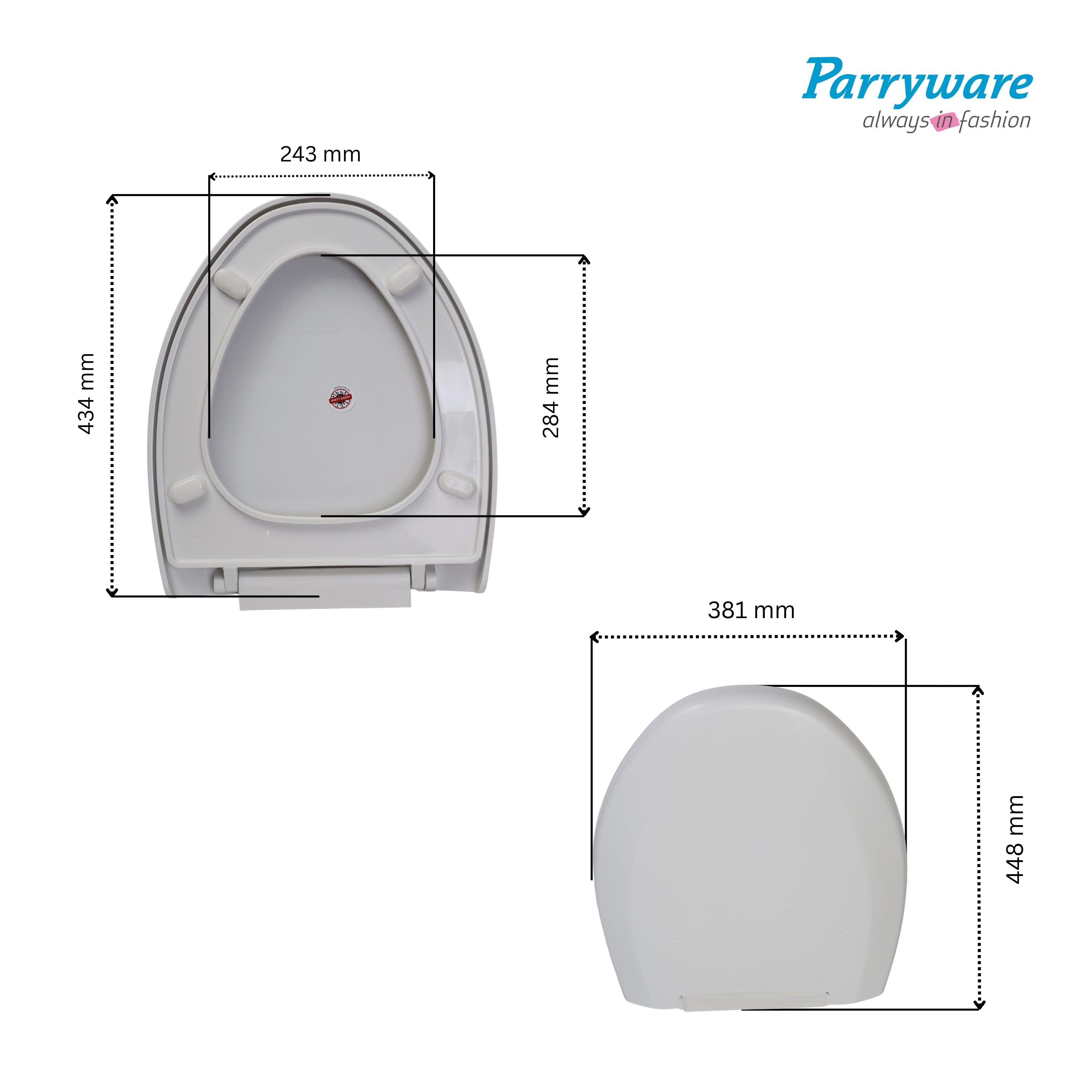 Parryware Casa/Cascade NXT Elongated Soft Close Toilet Seat Cover, White | Polypropylene Seat cover with plastic hinges | 381 x 53 x 448 (mm) | E83821C