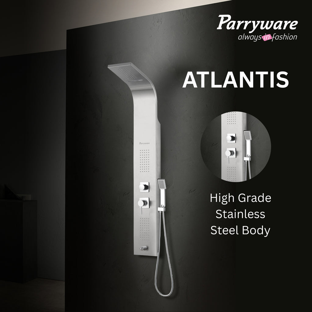Parryware Atlantis Thermostatic Stainless Steel Panel | 5 in 1 Cascade Shower System/Handshower with Waterfall Outlet/Tub Spout/Body Massage Spray With Hot &cold Mixerr | 304 grade SS | C883999