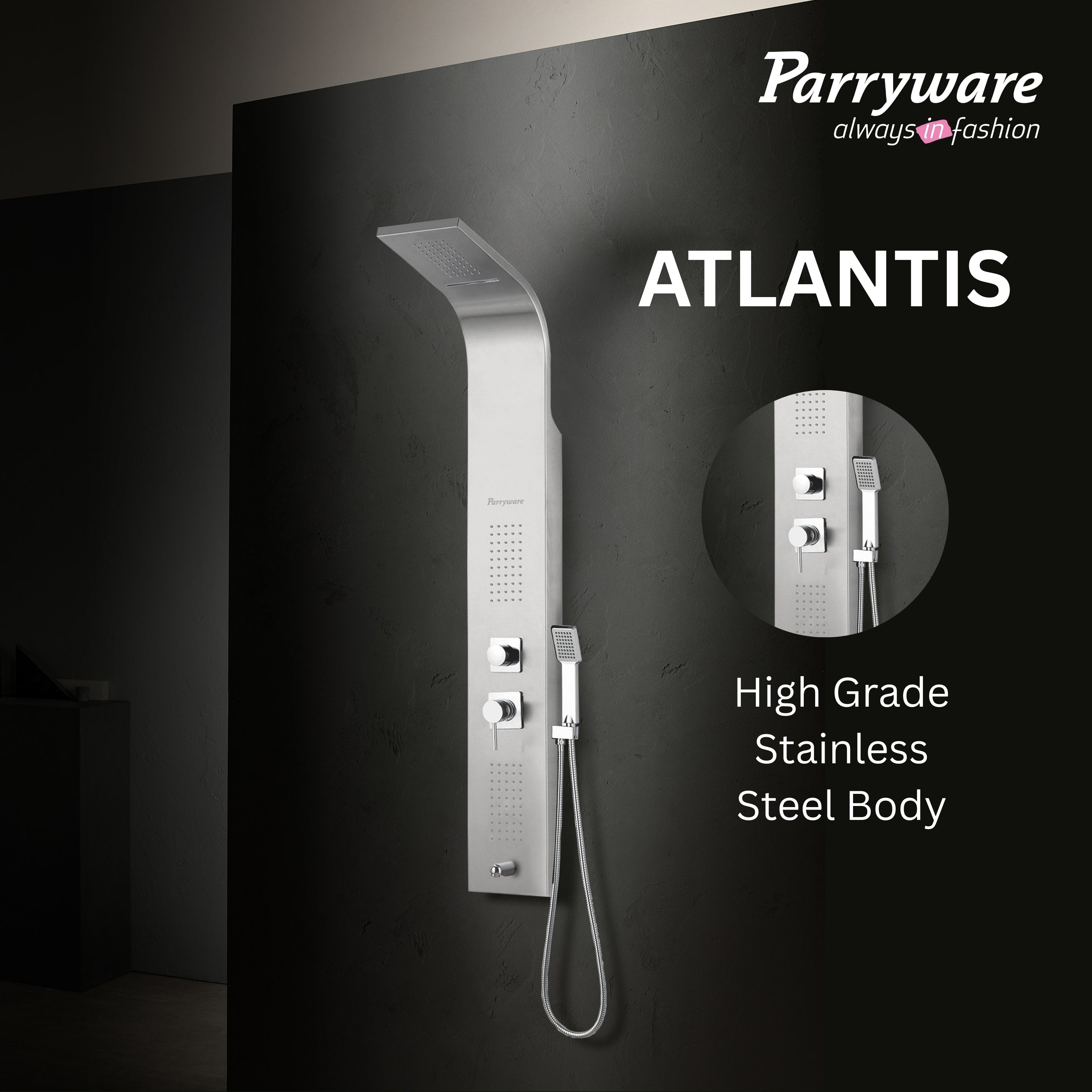 Parryware Atlantis Thermostatic Stainless Steel Panel | 5 in 1 Cascade Shower System/Handshower with Waterfall Outlet/Tub Spout/Body Massage Spray With Hot &cold Mixerr | 304 grade SS | C883999