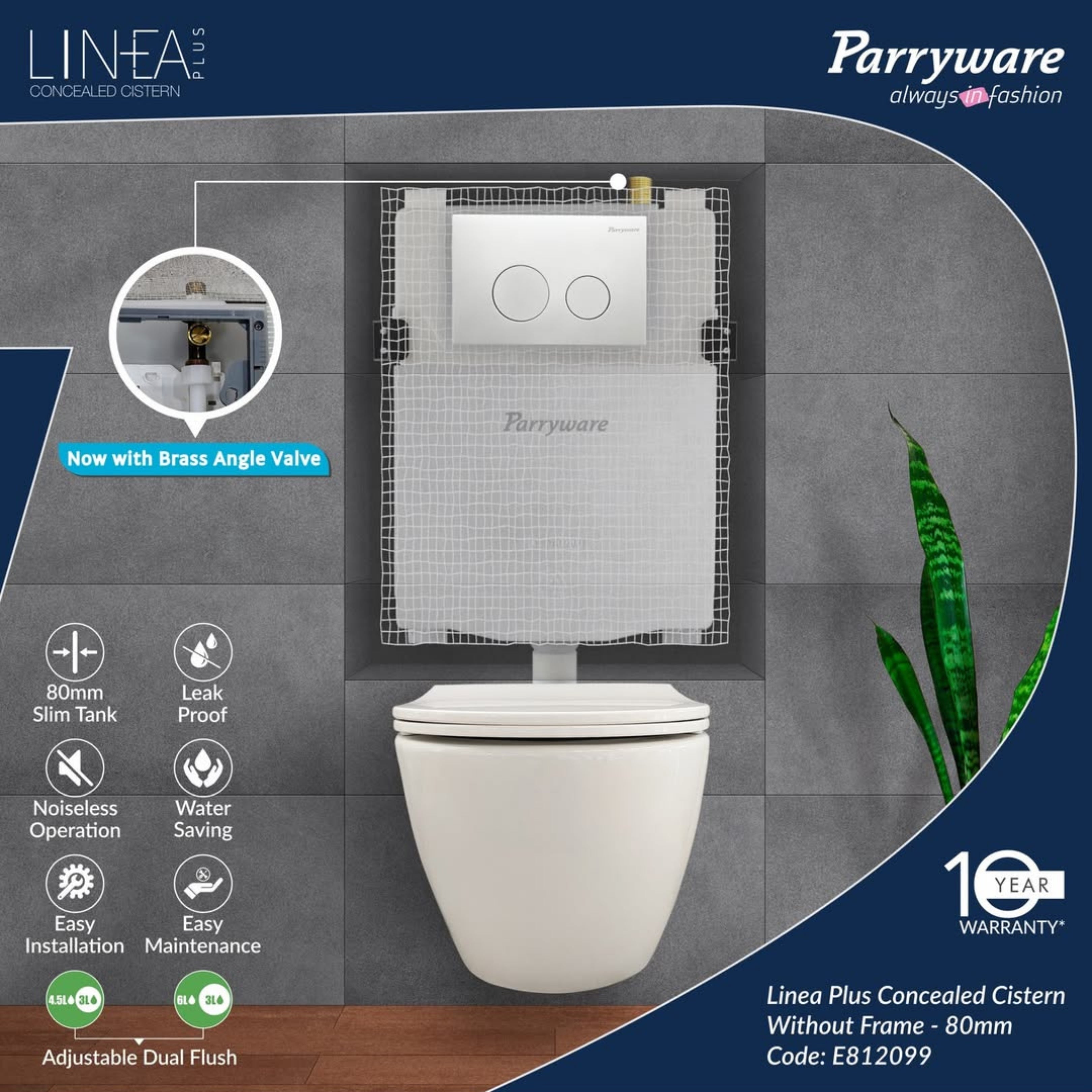 Parryware Linea Plus Concealed Flush Tank Without Frame for Wall Hung Commodes | In-Wall Toilet Flush Tank for Modern Bathrooms| Durable & Space-Saving Concealed Tank System | E812099
