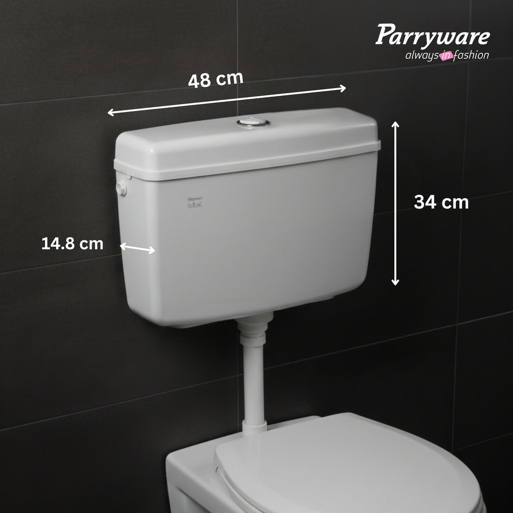 PARRYWARE SLIMLINE PREMIUM Series Polymer/PVC Dual Flush System Exposed CISTERN/Flush Tank (White) | 10-5L, Top Center Lever | for Western (WC) or Indian Commodes | E83921C