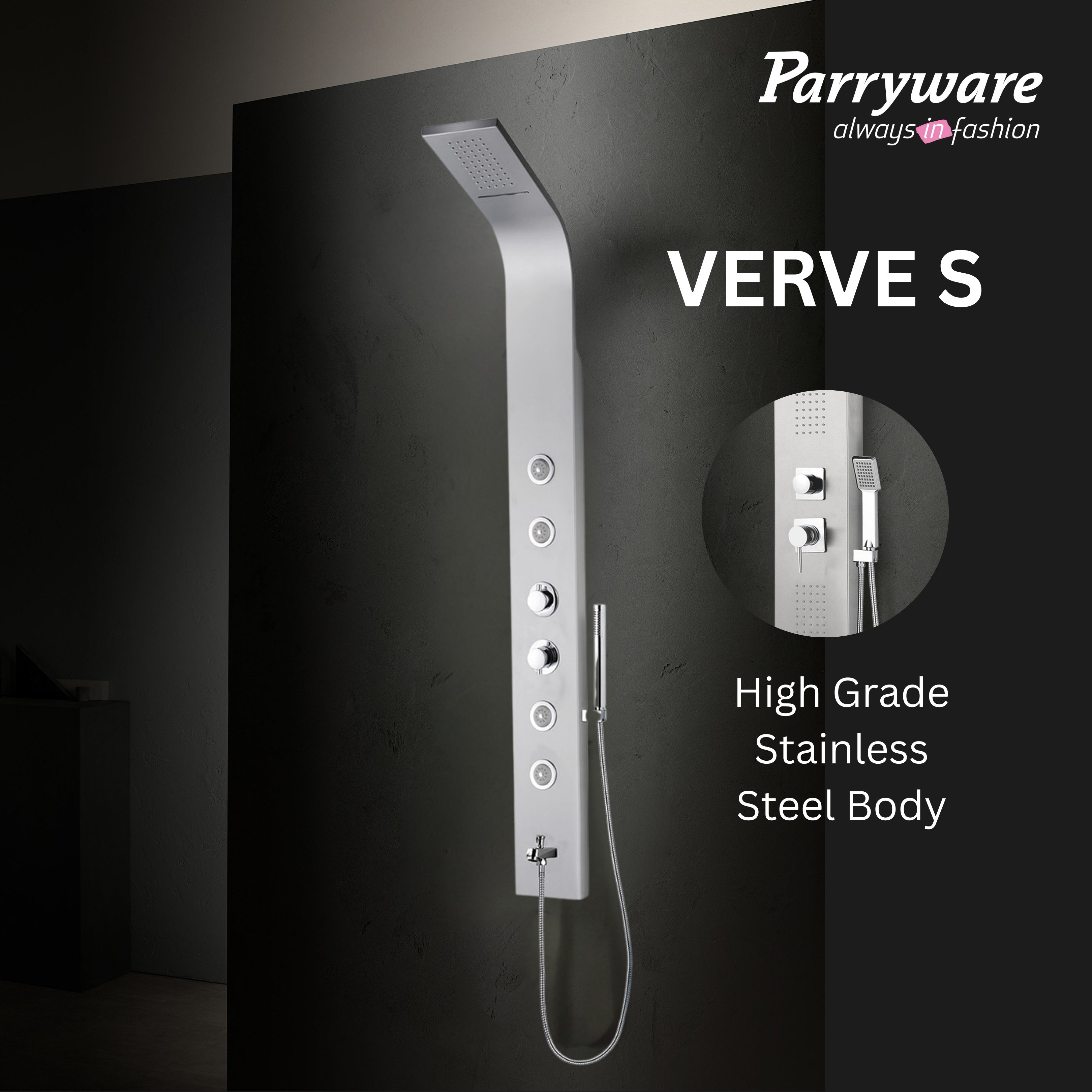Parryware Verve-S In-Wall Thermostatic Stainless Steel Shower Panel for Bathroom | Cascade Waterfall/Rain Shower and 4 Body Jets | 304 grade SS | C884099