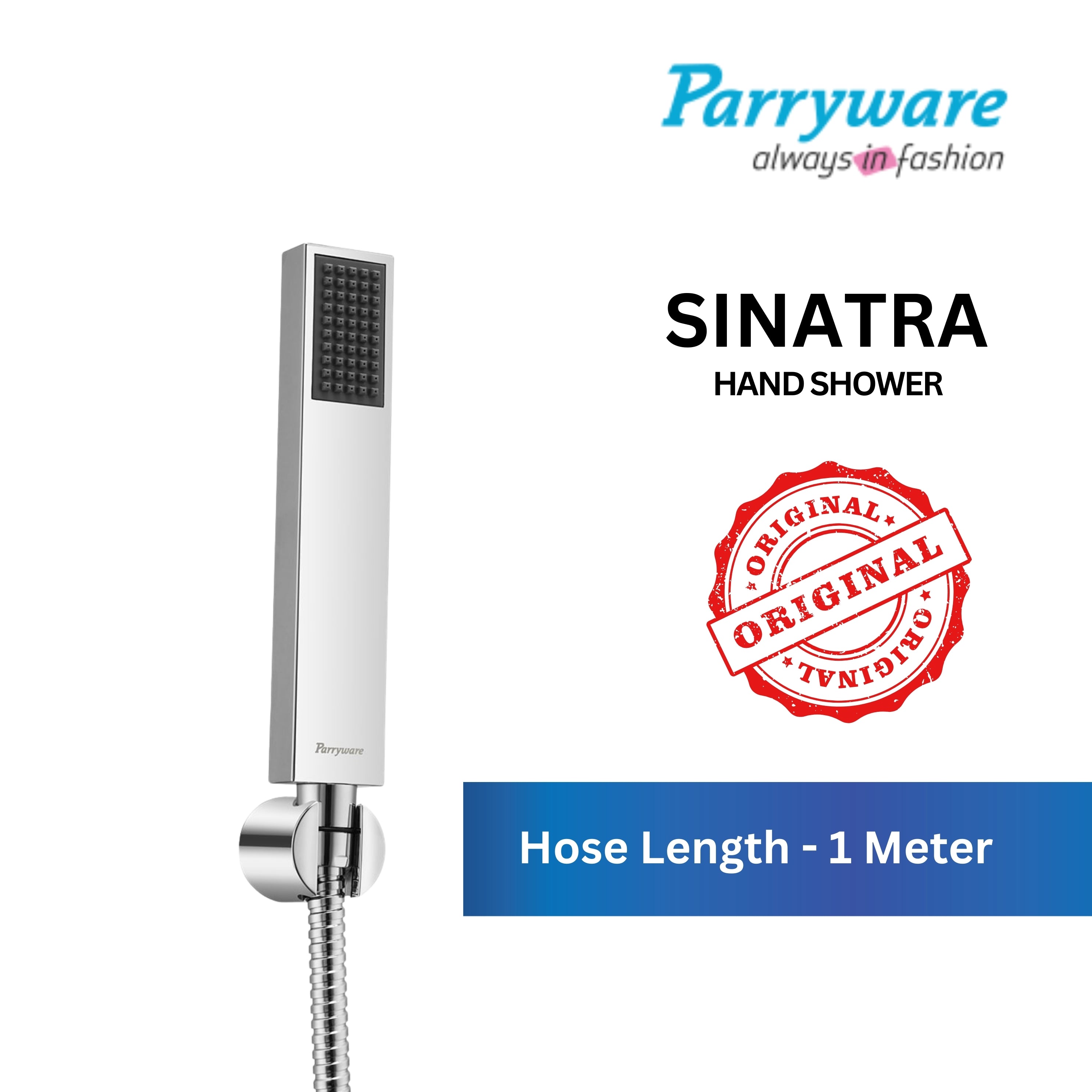 Parryware Sinatra Stick Hand Shower 30mm (with 1.5 mtr hose & hook) - Rain Flow | Square shaped | Massage spray for soothing effect | Chrome finish | T9946A1