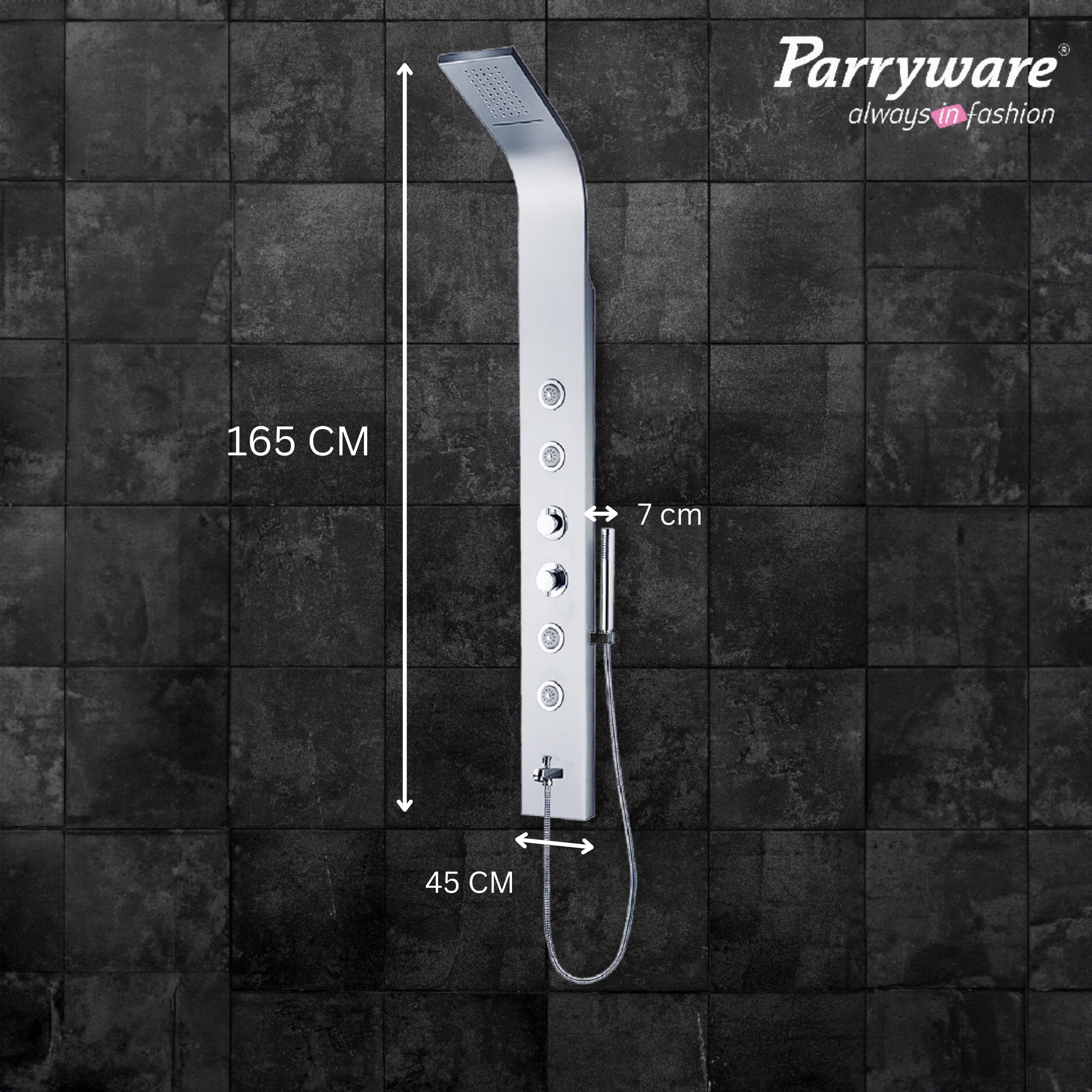 Parryware Verve-S In-Wall Thermostatic Stainless Steel Shower Panel for Bathroom | Cascade Waterfall/Rain Shower and 4 Body Jets | 304 grade SS | C884099