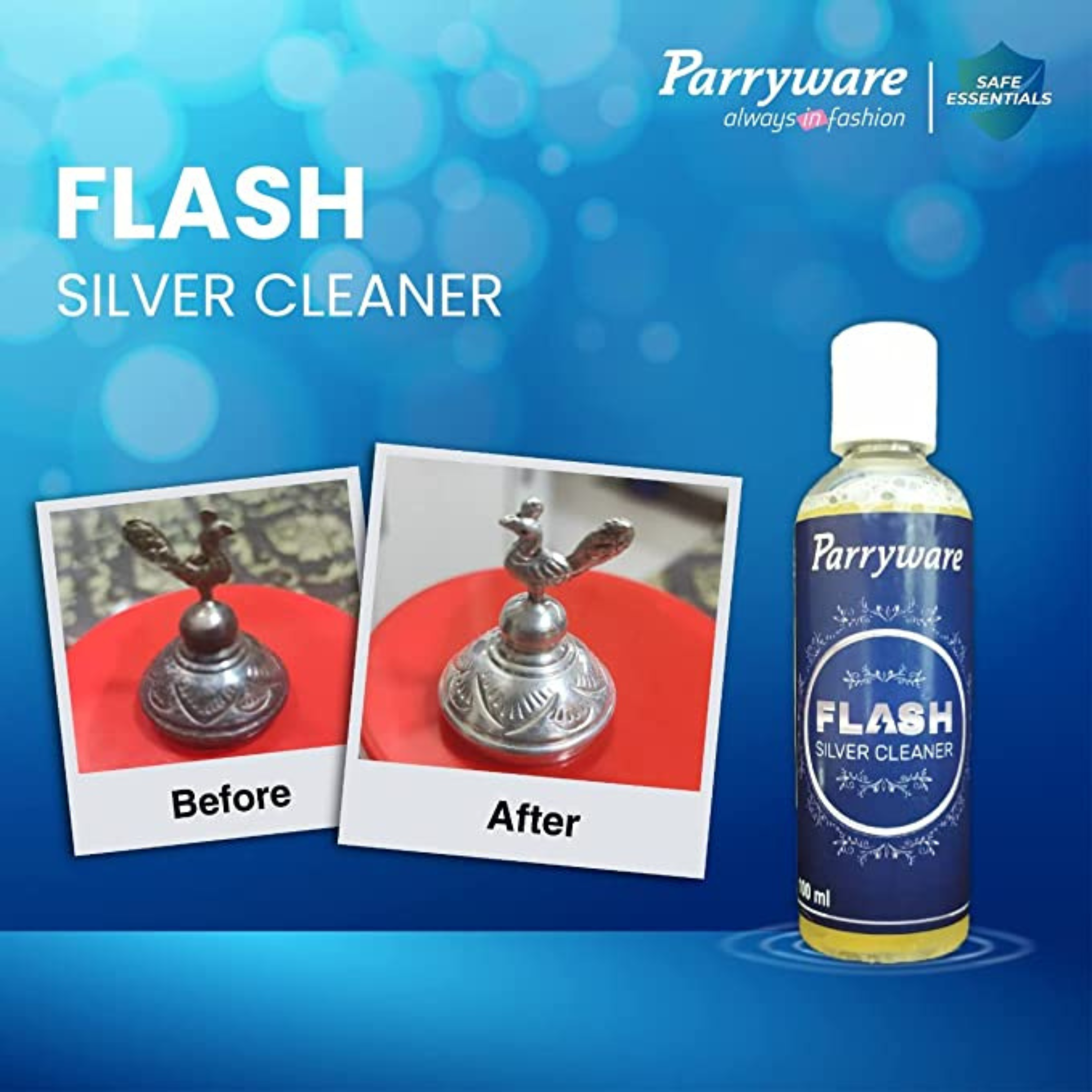 Parryware FLASH Silver Cleaning Liquid 100 ml | Removes tarnishes from Silver Jewellery, Ornaments & Pooja Items | FCSC0101