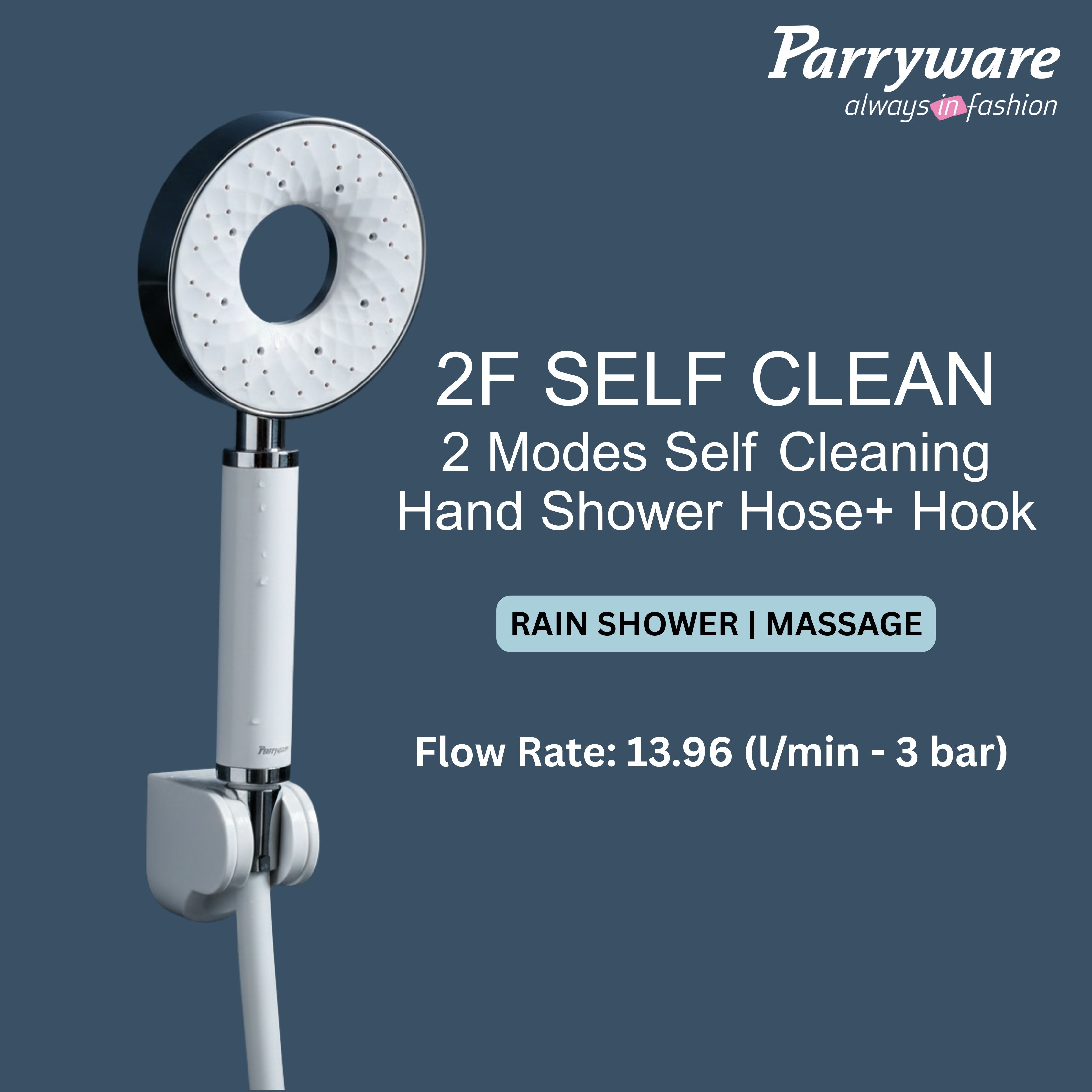 Parryware Multi-Flow 2-Flow Hand Shower 110mm with 1.5 mtr hose & hook | Water-Saving | Handheld shower for bathroom | Air Water Saving Technology | 2-modes of Shower - Jet Flow & Rain Flow | T9872A1