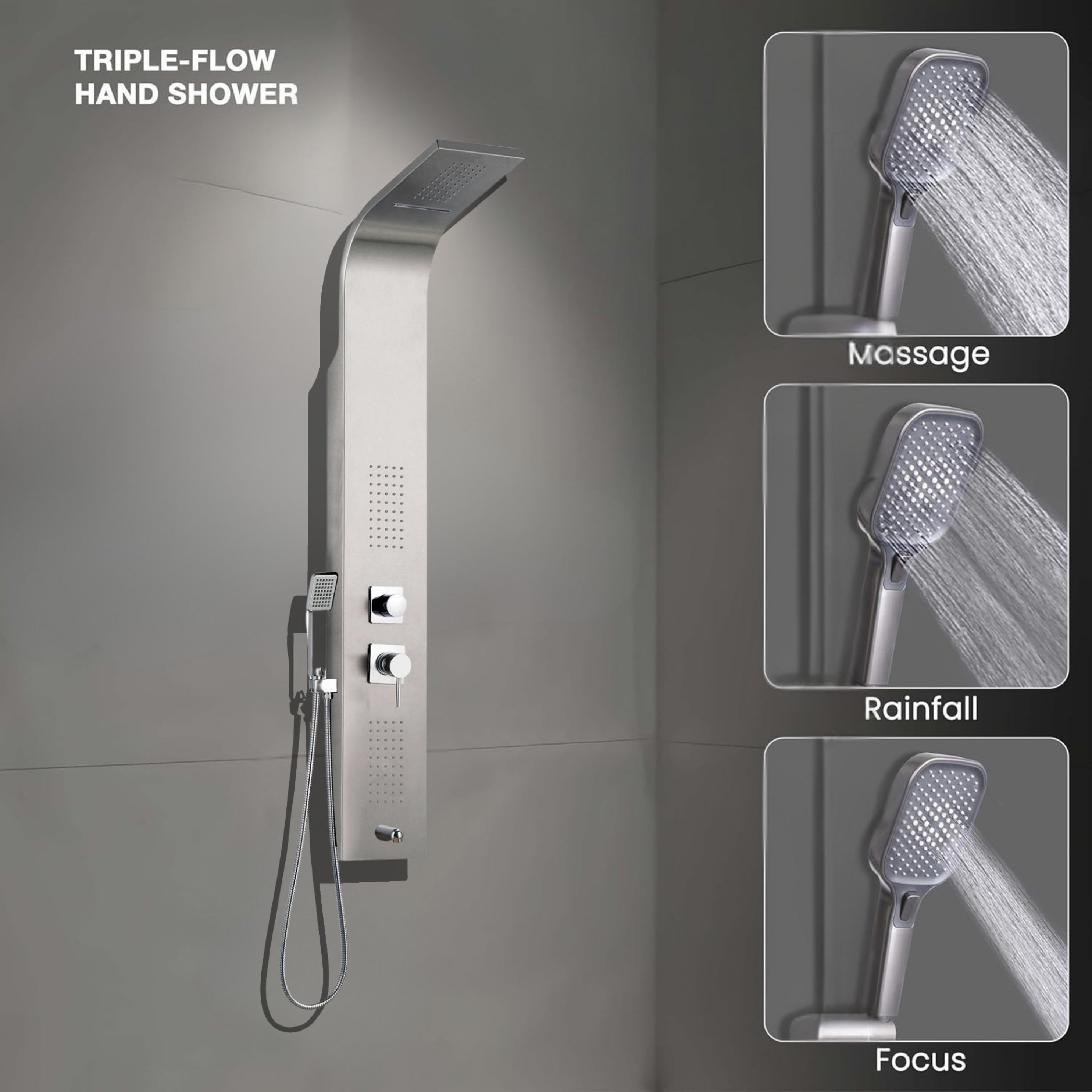 Parryware Atlantis Thermostatic Stainless Steel Panel | 5 in 1 Cascade Shower System/Handshower with Waterfall Outlet/Tub Spout/Body Massage Spray With Hot &cold Mixerr | 304 grade SS | C883999