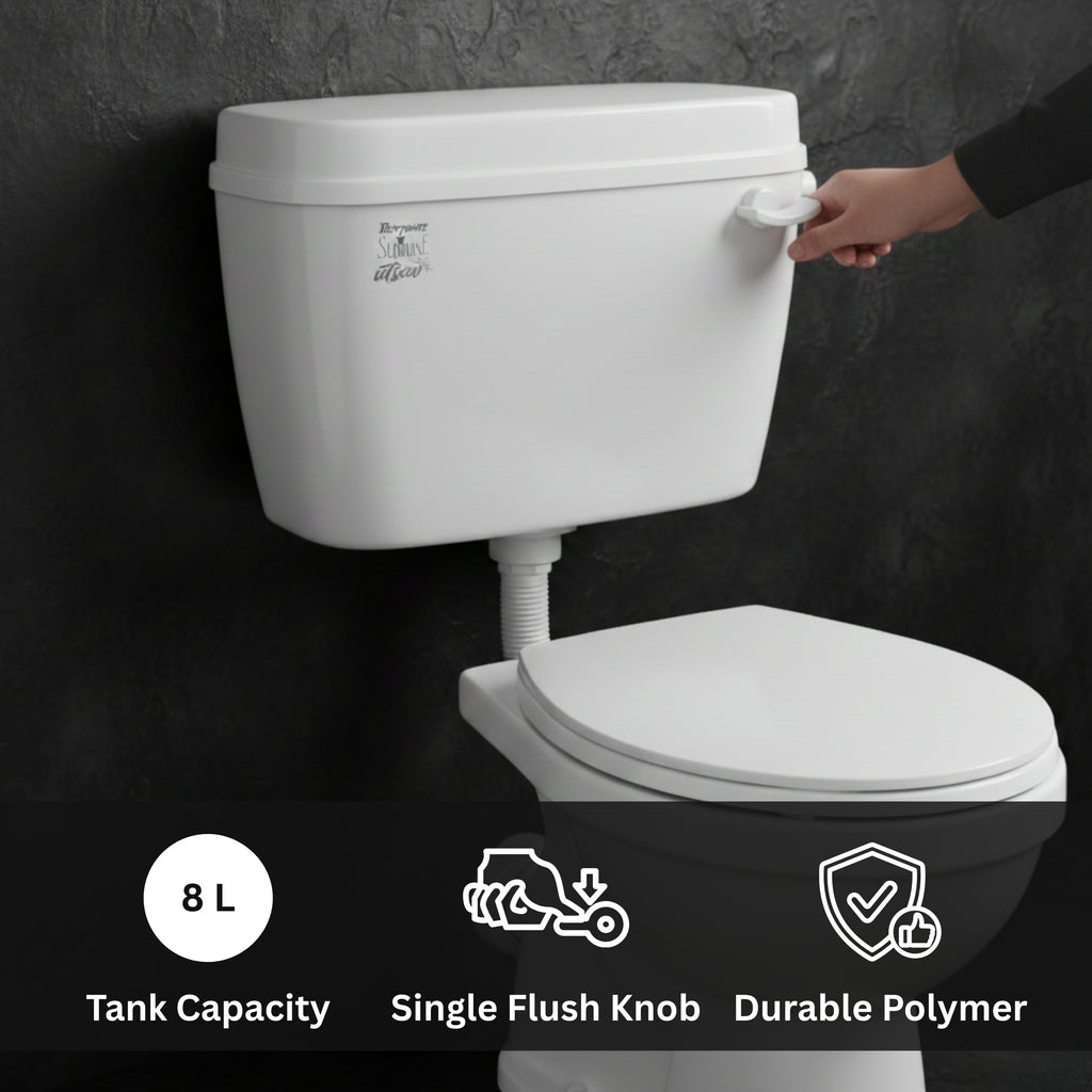 Parryware Slimline UTSAV Single Flush Polymer Cistern for Toilet | Polypropylene White Flush Tank | with Complete Flushing Set | E83751C