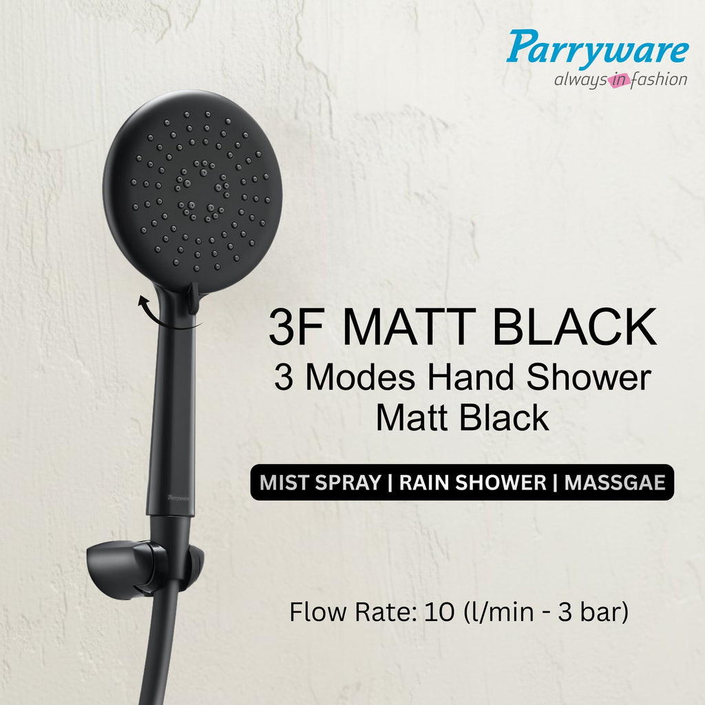 Parryware Airmix Button 3-Function Hand Shower 120 mm With 1.5 Meter Shower Hose Pipe & Wall Hook | Multi-Function Shower | Matte Black | Pack of 1 | for Bath Fixtures | T9862A1