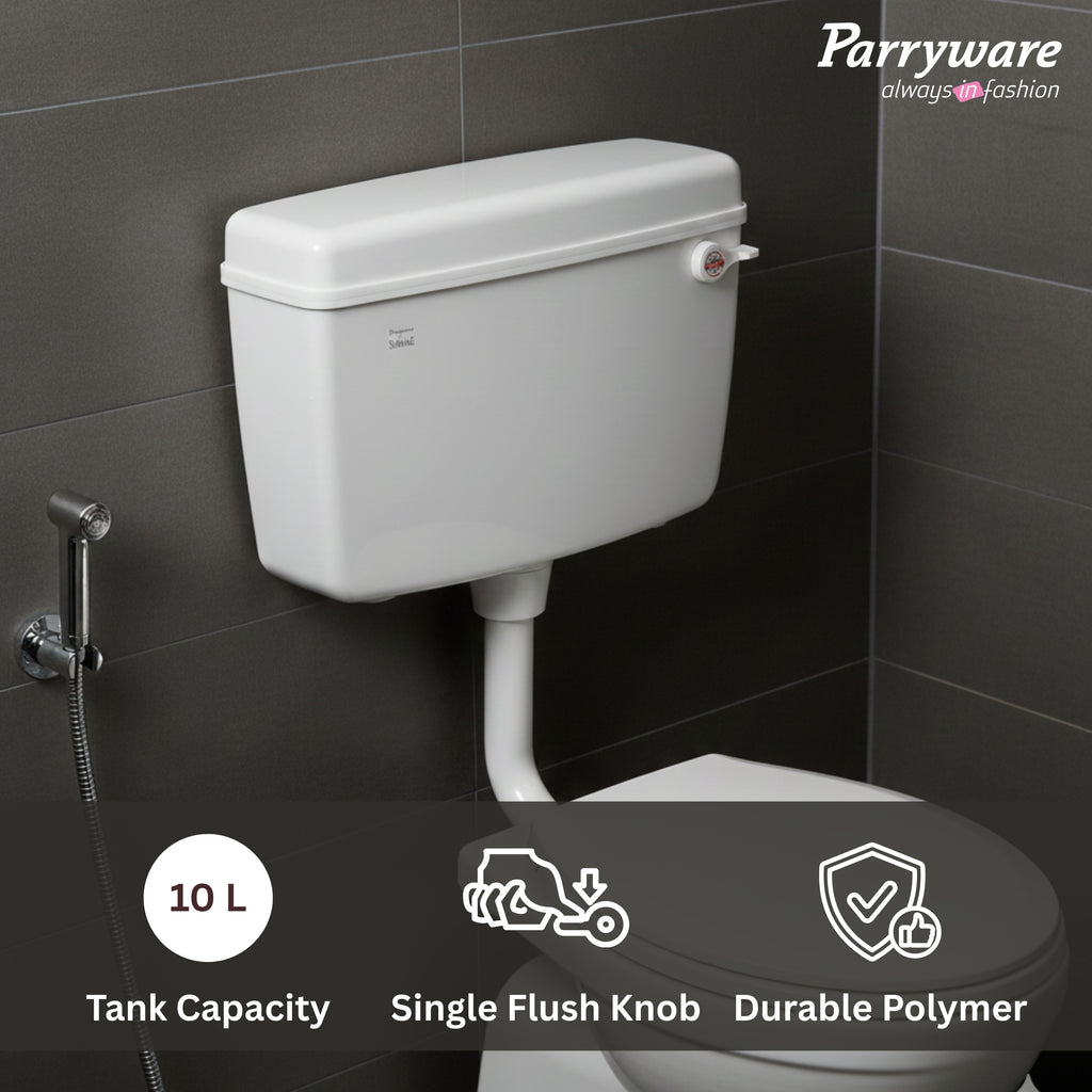 Parryware Slimline Single Flush Polymer Cistern for Toilet | Polypropylene White Flush Tank | With complete flushing set | E80901C