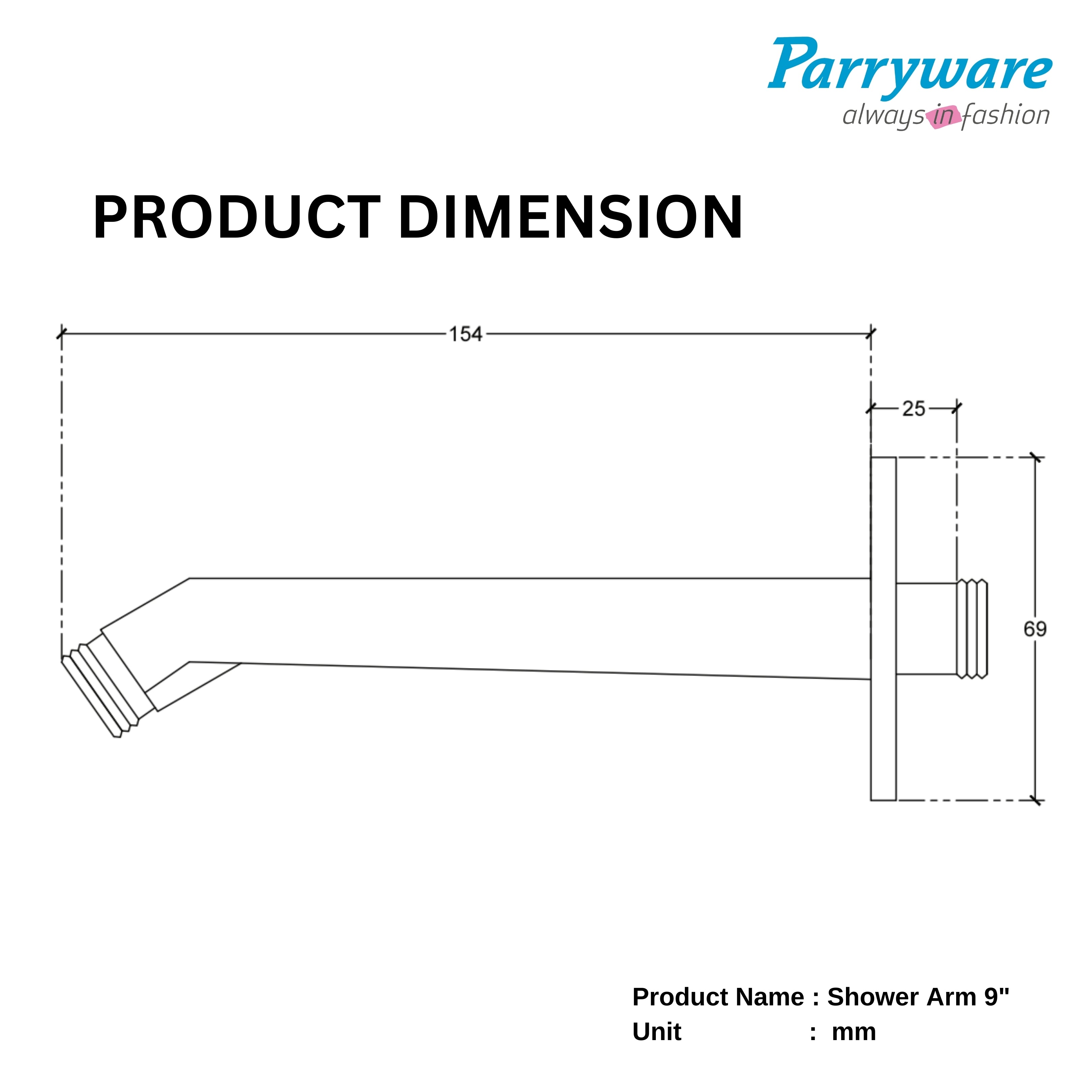 Parryware Square Shower Arm 9 inches with Wall Flange for Bathroom | Shower Arm with Flange | Wall Mount Bathroom Fitting with ½-Inch Thread | Chrome Finish (Shower Not Included) | T9955A1