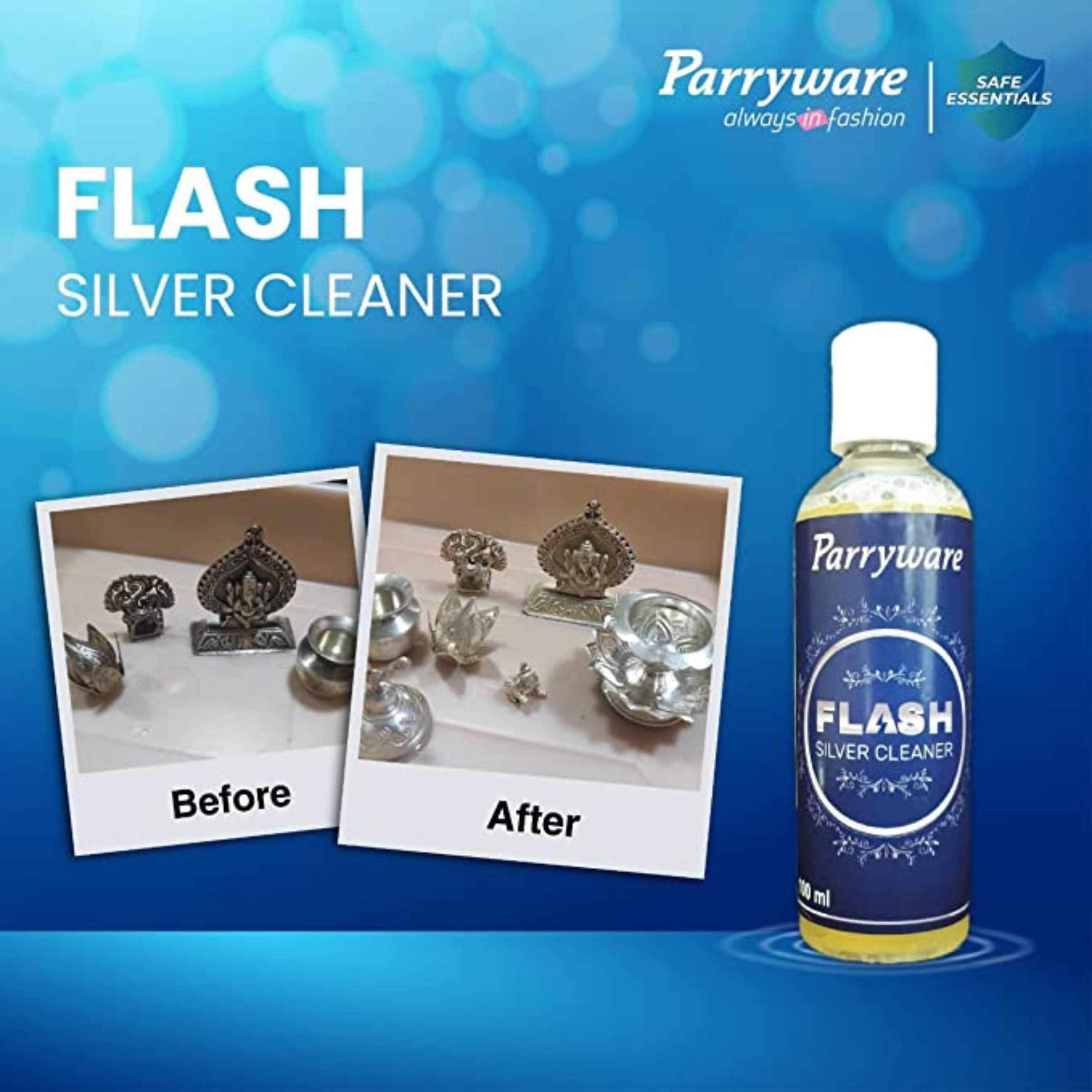 Parryware FLASH Silver Cleaning Liquid 100 ml | Removes tarnishes from Silver Jewellery, Ornaments & Pooja Items | FCSC0101