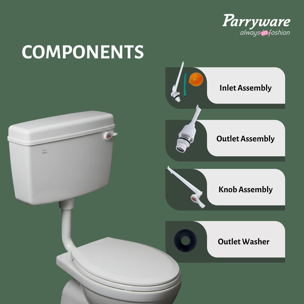 Parryware Slimline Single Flush Polymer Cistern for Toilet | Polypropylene White Flush Tank | With complete flushing set | E80901C