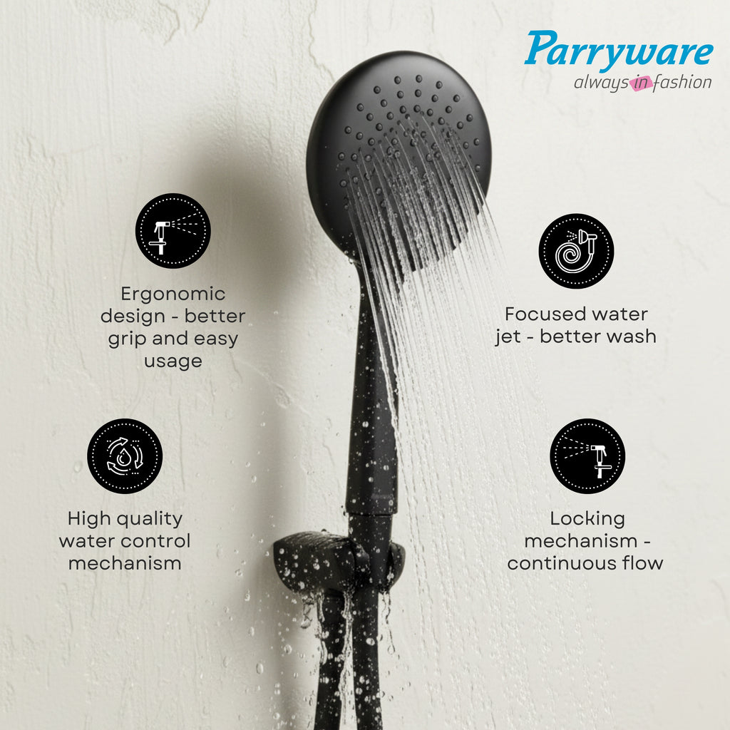 Parryware Airmix Button 3-Function Hand Shower 120 mm With 1.5 Meter Shower Hose Pipe & Wall Hook | Multi-Function Shower | Matte Black | Pack of 1 | for Bath Fixtures | T9862A1