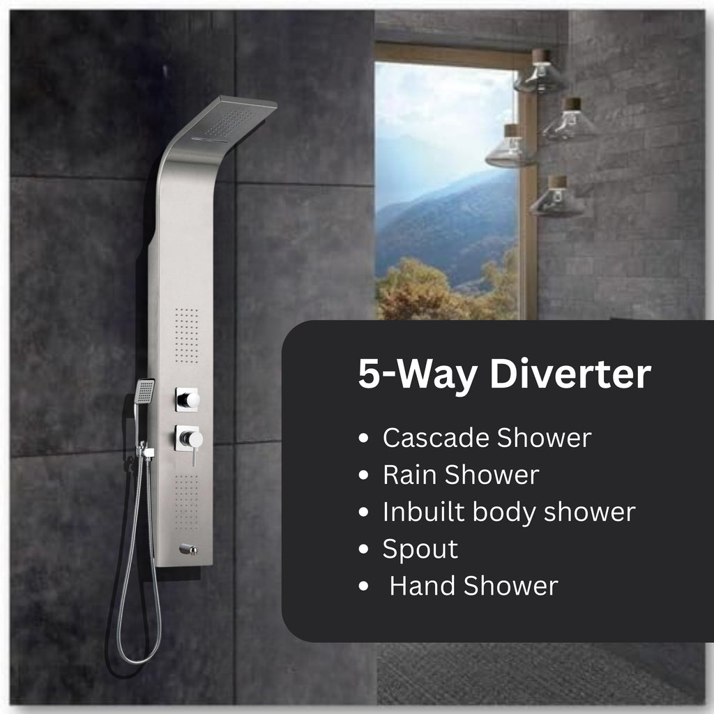 Parryware Atlantis Thermostatic Stainless Steel Panel | 5 in 1 Cascade Shower System/Handshower with Waterfall Outlet/Tub Spout/Body Massage Spray With Hot &cold Mixerr | 304 grade SS | C883999