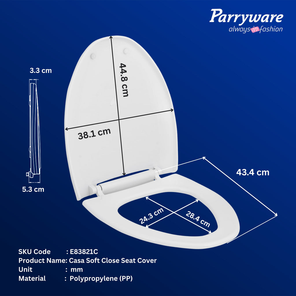Parryware Casa/Cascade NXT Elongated Soft Close Toilet Seat Cover, White | Polypropylene Seat cover with plastic hinges | 381 x 53 x 448 (mm) | E83821C
