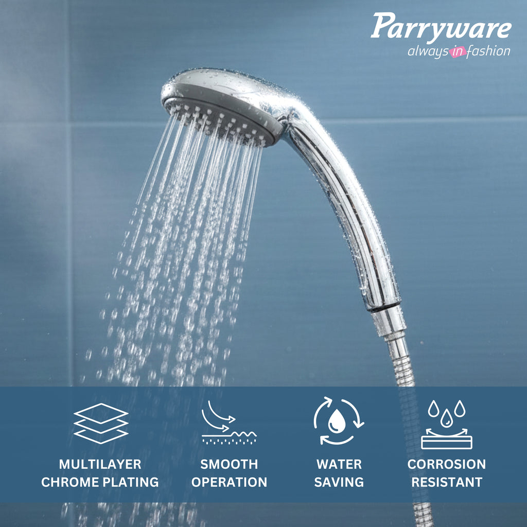 Parryware Brass Single Flow Hand Shower 80mm - Rain Flow | Handheld shower with Hose and Clutch | Chrome Finish | T9902A1