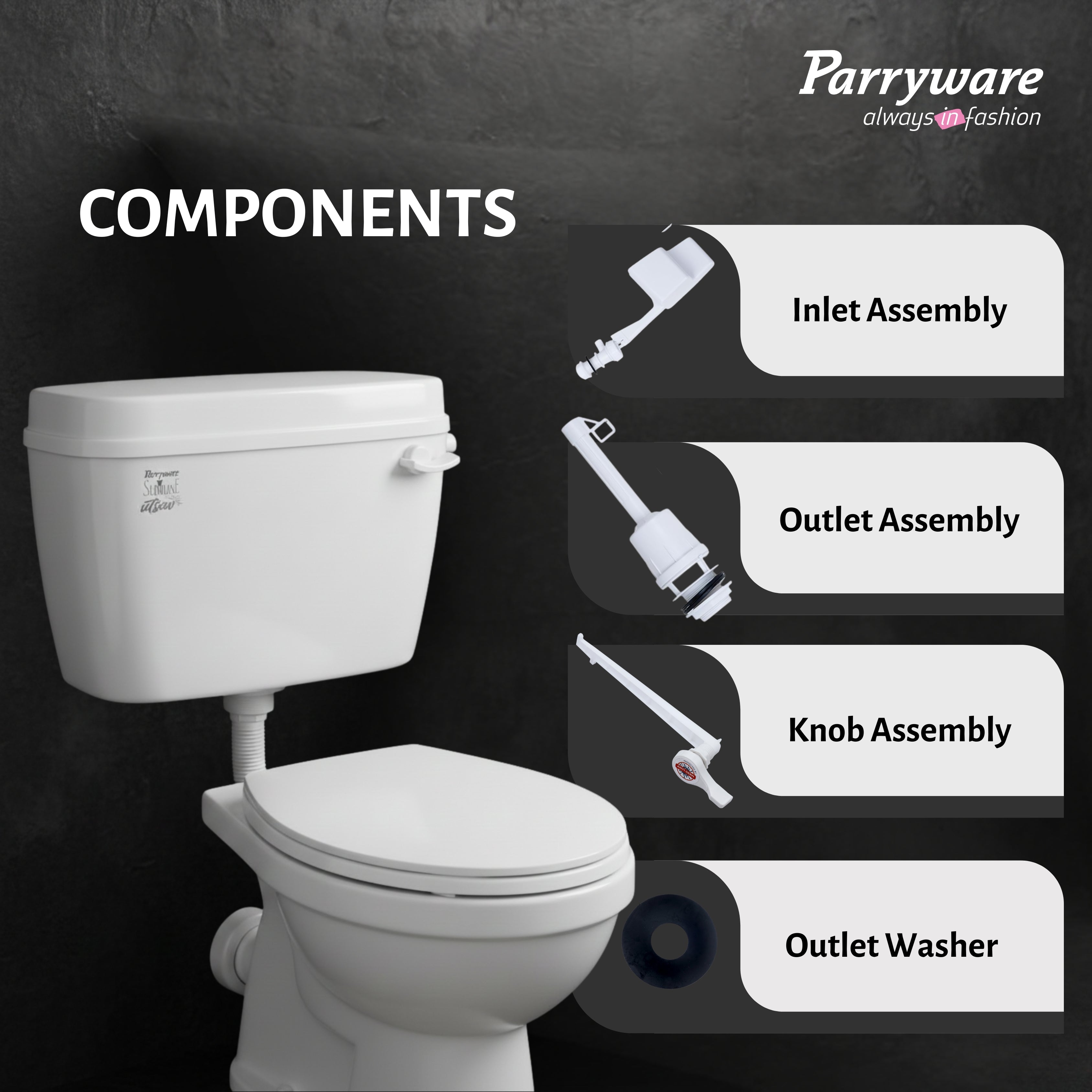 Parryware Slimline UTSAV Single Flush Polymer Cistern for Toilet | Polypropylene White Flush Tank | with Complete Flushing Set | E83751C