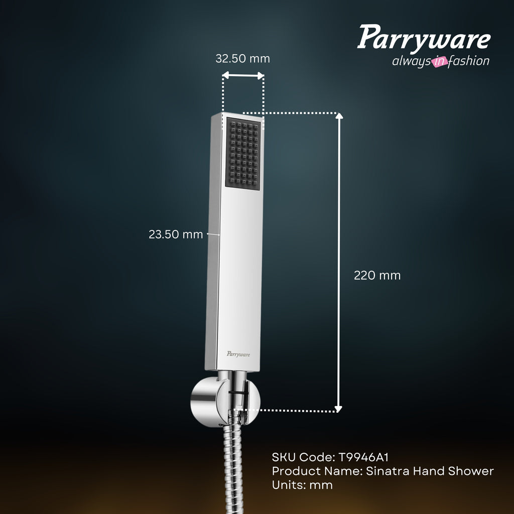 Parryware Sinatra Stick Hand Shower 30mm (with 1.5 mtr hose & hook) - Rain Flow | Square shaped | Massage spray for soothing effect | Chrome finish | T9946A1