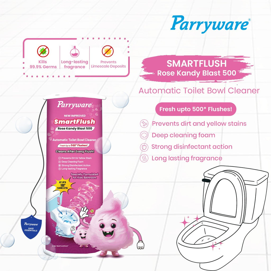 Parryware SMARTFLUSH In-Tank Automatic Toilet Bowl Cleaner - Rose Kandy Blast 500 | 99.9% Disinfection | Specially for Kids Bathroom | Lasts upto 600* Flushes | FCSF0503