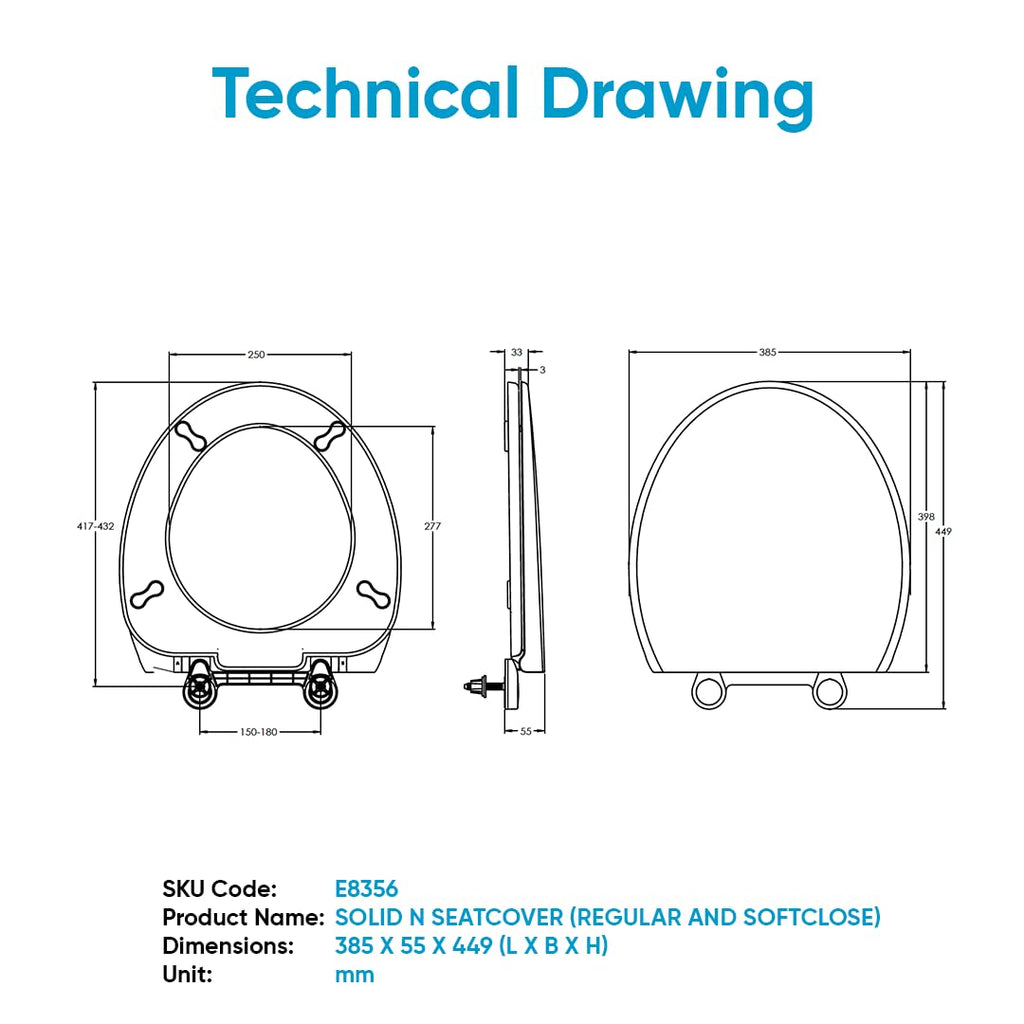 Parryware Solid N Soft Close Toilet Seat Cover with Hinges | Eco-friendly Material with Superior Finish | Round Shape & White in Colour | Western Commode | Bathroom Fixtures (E83561C)