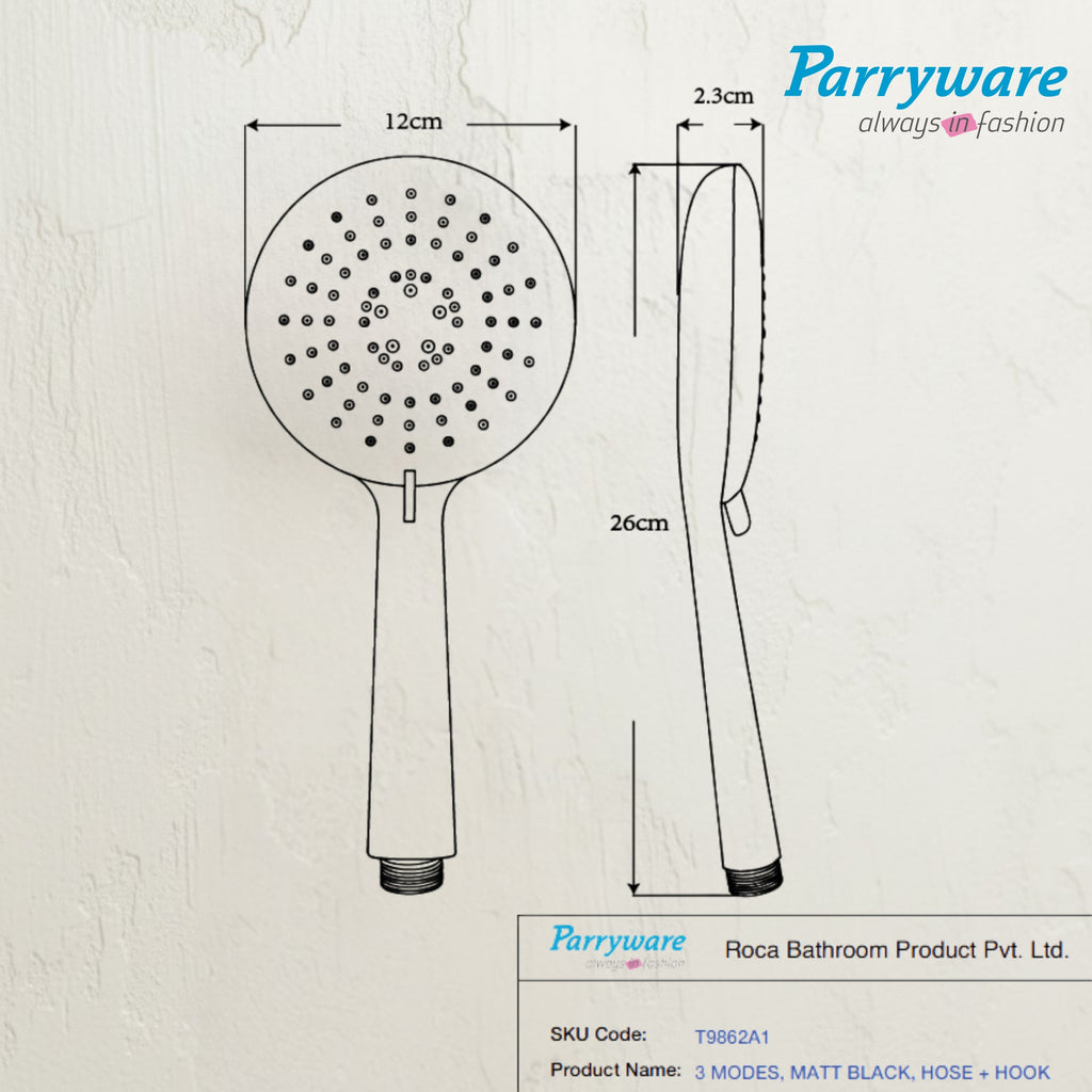 Parryware Airmix Button 3-Function Hand Shower 120 mm With 1.5 Meter Shower Hose Pipe & Wall Hook | Multi-Function Shower | Matte Black | Pack of 1 | for Bath Fixtures | T9862A1