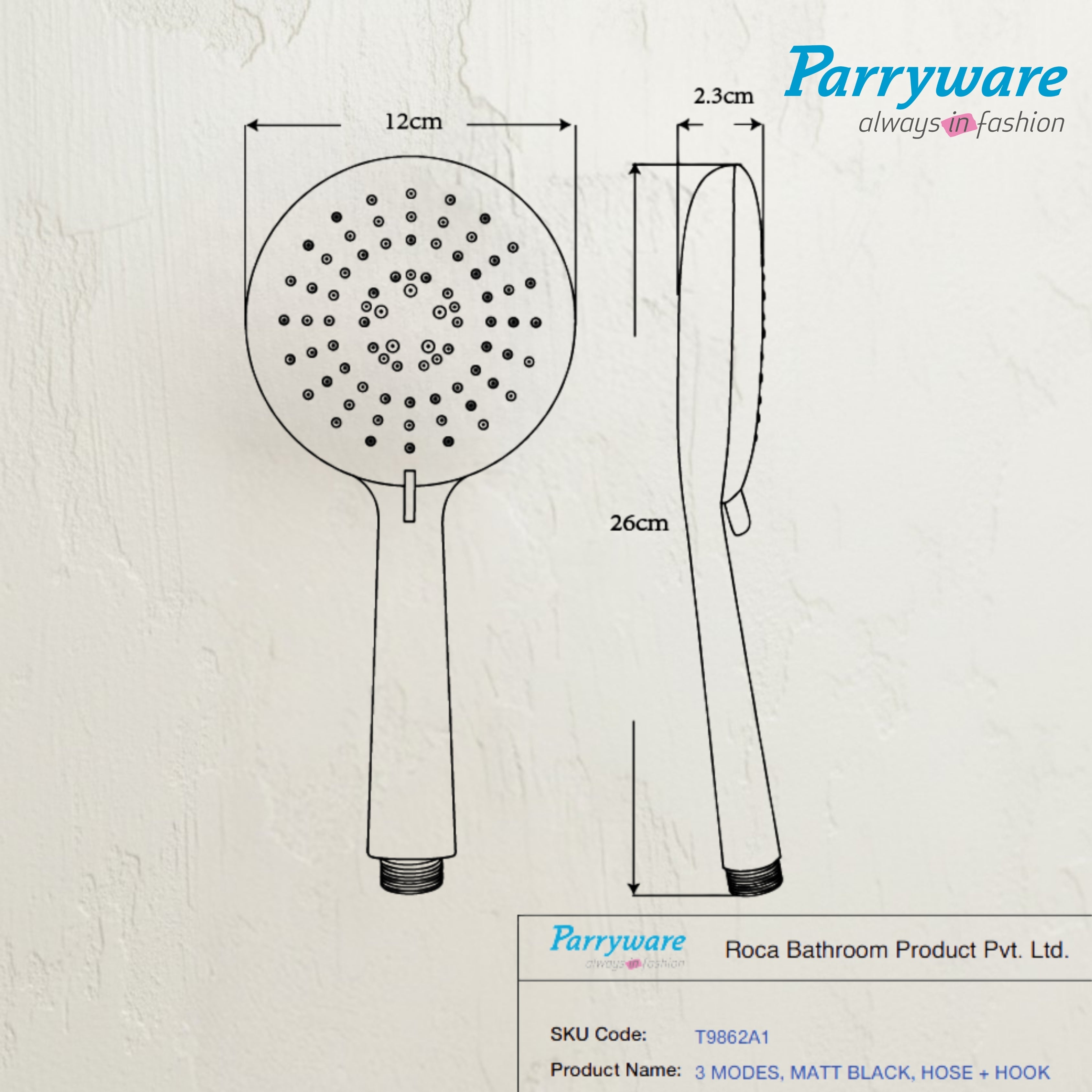 Parryware Airmix Button 3-Function Hand Shower 120 mm With 1.5 Meter Shower Hose Pipe & Wall Hook | Multi-Function Shower | Matte Black | Pack of 1 | for Bath Fixtures | T9862A1