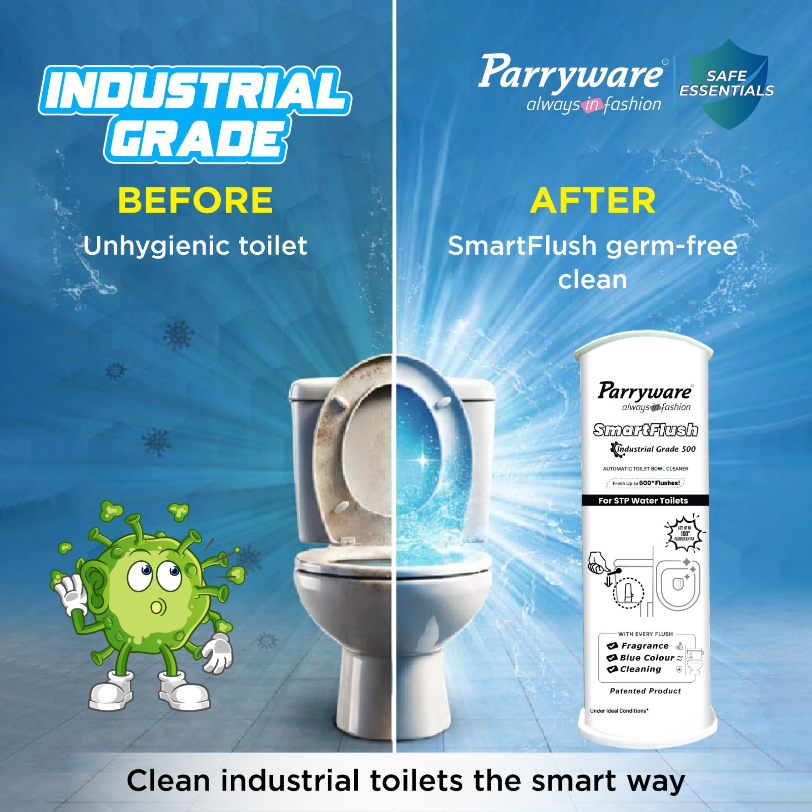 Parryware SmartFlush In-Cistern Automatic Toilet Bowl Cleaner - Industrial Disinfectant 500 I Lasts upto 600* Flushes | 99.9% Disinfection | Cleans after every flushes | FCSF0603