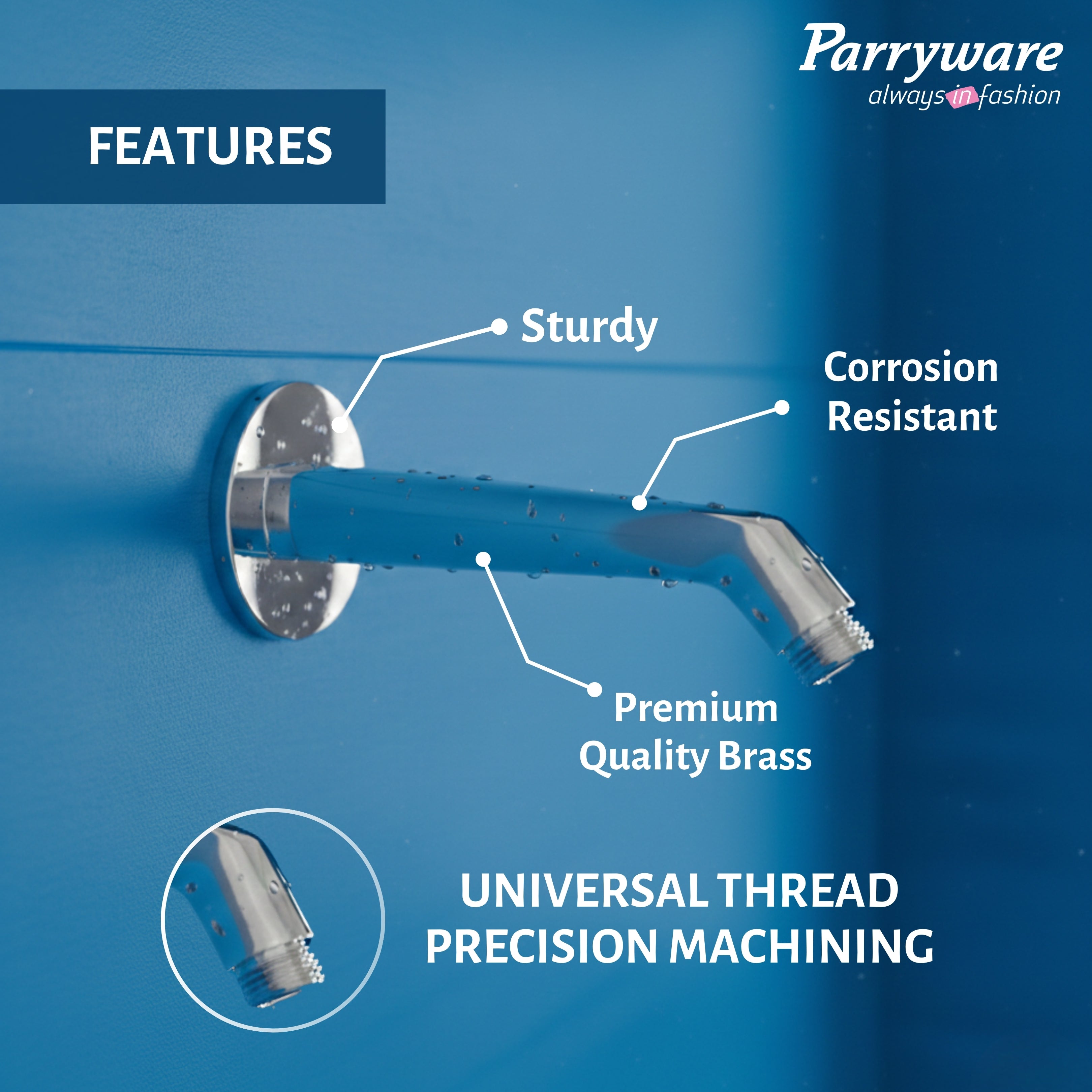 Parryware Square Shower Arm 9 inches with Wall Flange for Bathroom | Shower Arm with Flange | Wall Mount Bathroom Fitting with ½-Inch Thread | Chrome Finish (Shower Not Included) | T9955A1