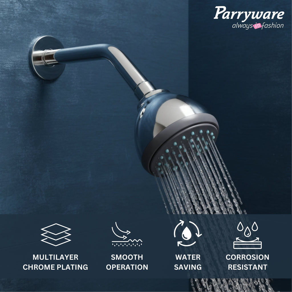 Parryware Alpha 80mm Rain Shower with shower arm for bathroom | For bathroom fixture | Wall mounted overhead shower with Chrome Finish | T9885A1