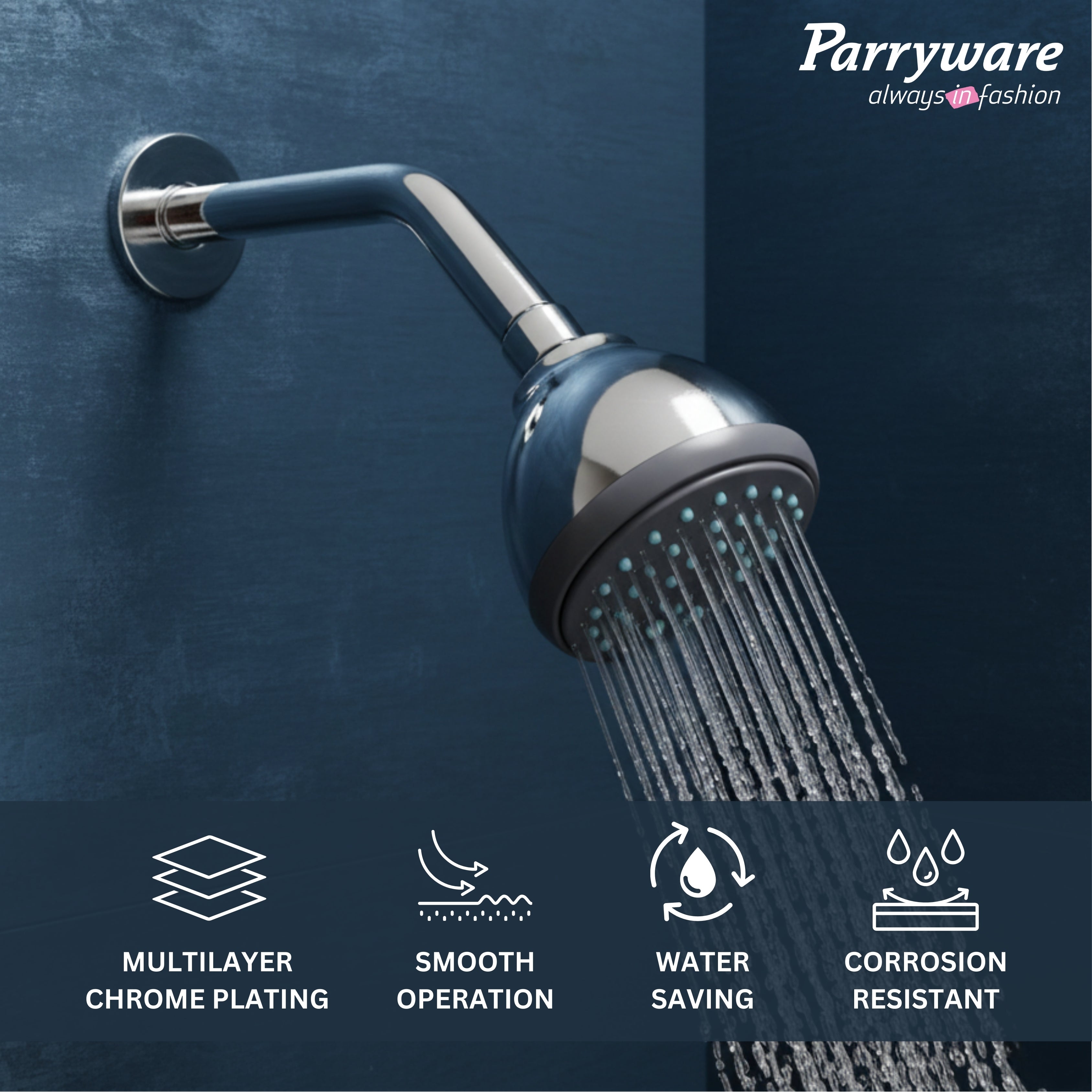 Parryware Alpha 80mm Rain Shower with shower arm for bathroom | For bathroom fixture | Wall mounted overhead shower with Chrome Finish | T9885A1
