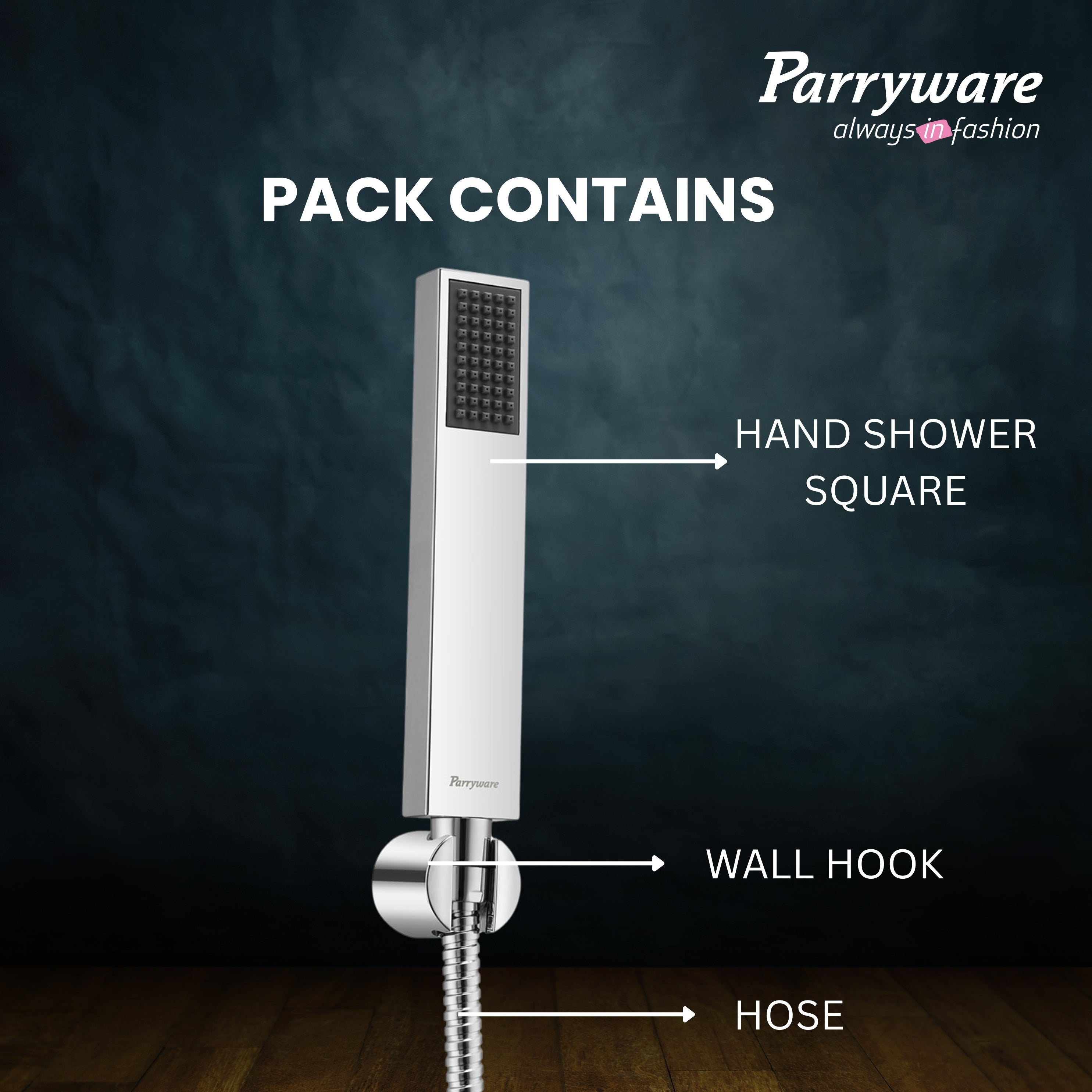 Parryware Sinatra Stick Hand Shower 30mm (with 1.5 mtr hose & hook) - Rain Flow | Square shaped | Massage spray for soothing effect | Chrome finish | T9946A1