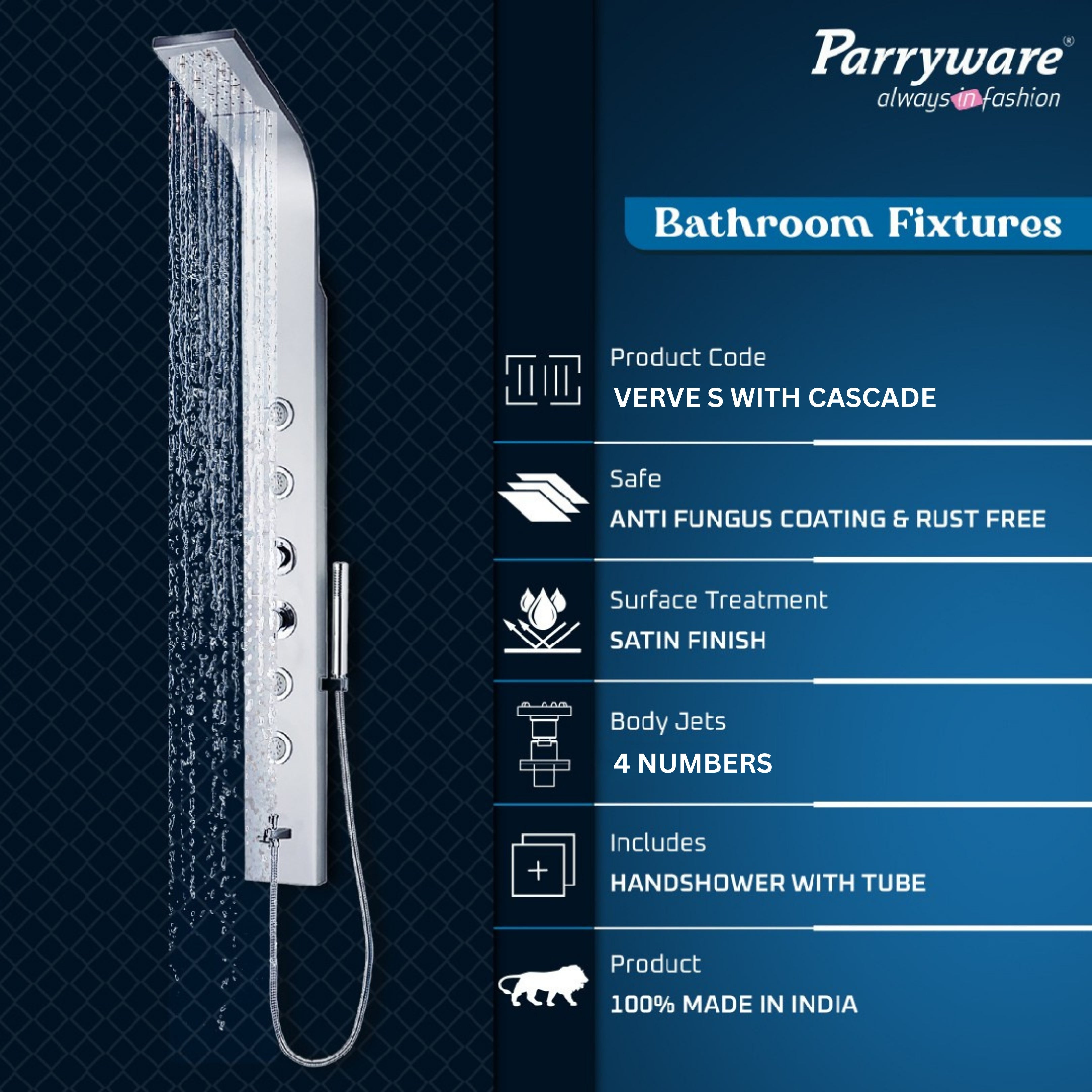 Parryware Verve-S In-Wall Thermostatic Stainless Steel Shower Panel for Bathroom | Cascade Waterfall/Rain Shower and 4 Body Jets | 304 grade SS | C884099