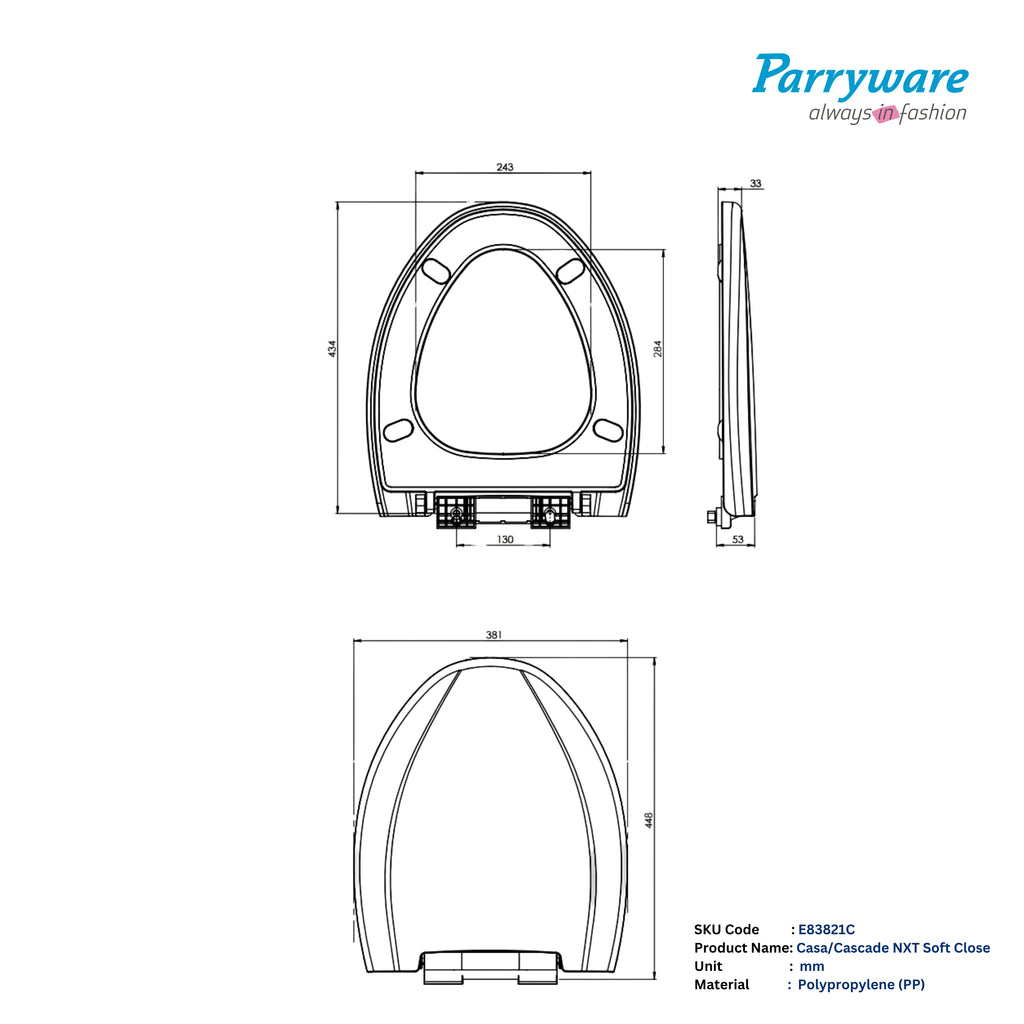Parryware Casa/Cascade NXT Elongated Soft Close Toilet Seat Cover, White | Polypropylene Seat cover with plastic hinges | 381 x 53 x 448 (mm) | E83821C
