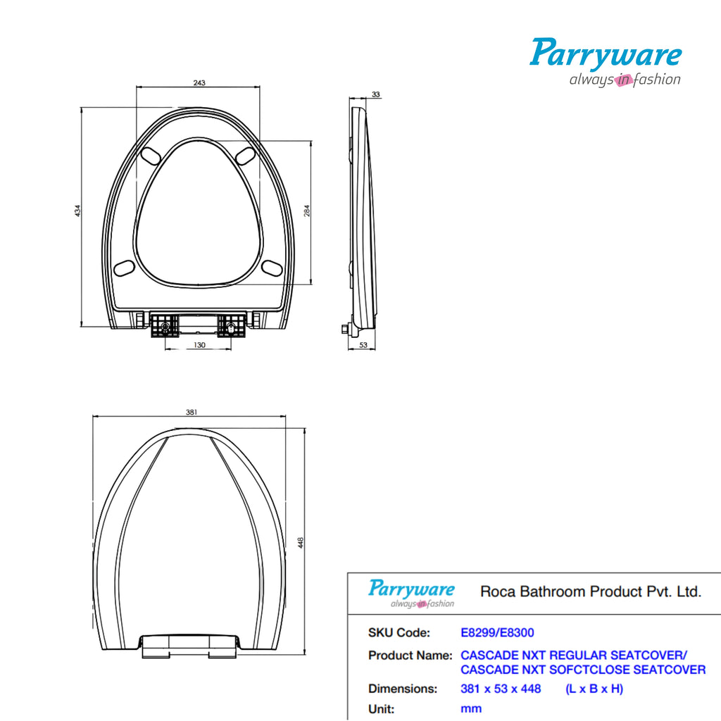 Parryware Cascade NXT Toilet Seat Cover Regular Closing | PP Toilet Seat Cover | For Bathroom Fixtures | E82991C