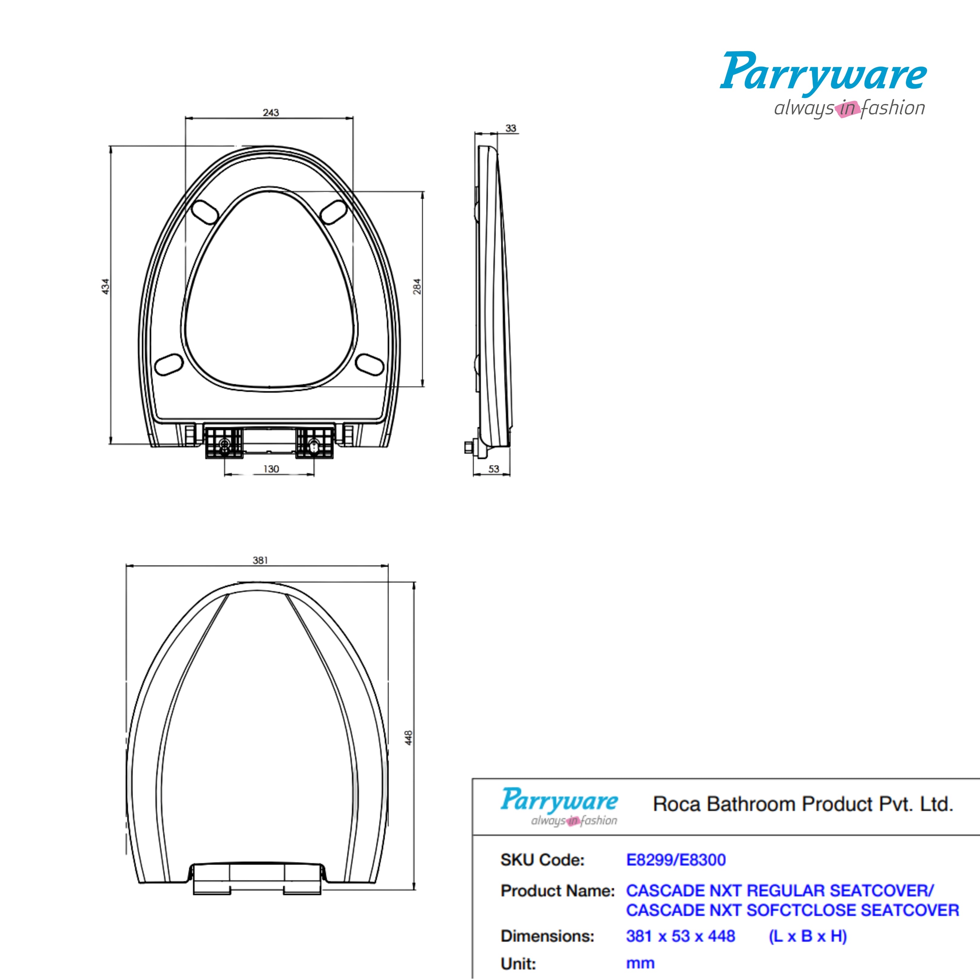 Parryware Cascade NXT Toilet Seat Cover Regular Closing | PP Toilet Seat Cover | For Bathroom Fixtures | E82991C