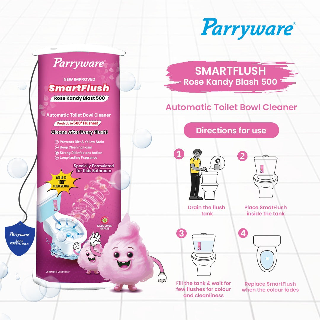 Parryware SMARTFLUSH In-Tank Automatic Toilet Bowl Cleaner - Rose Kandy Blast 500 | 99.9% Disinfection | Specially for Kids Bathroom | Lasts upto 600* Flushes | FCSF0503