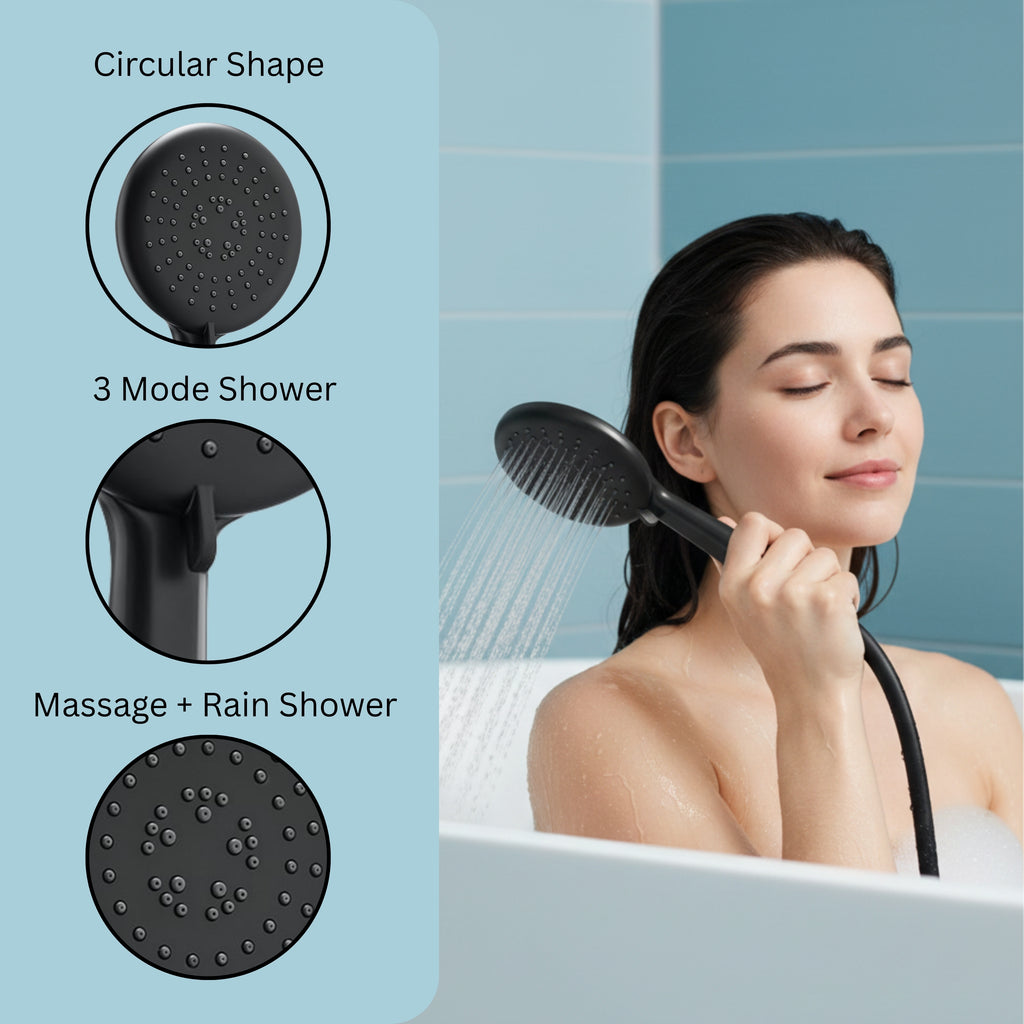 Parryware Airmix Button 3-Function Hand Shower 120 mm With 1.5 Meter Shower Hose Pipe & Wall Hook | Multi-Function Shower | Matte Black | Pack of 1 | for Bath Fixtures | T9862A1