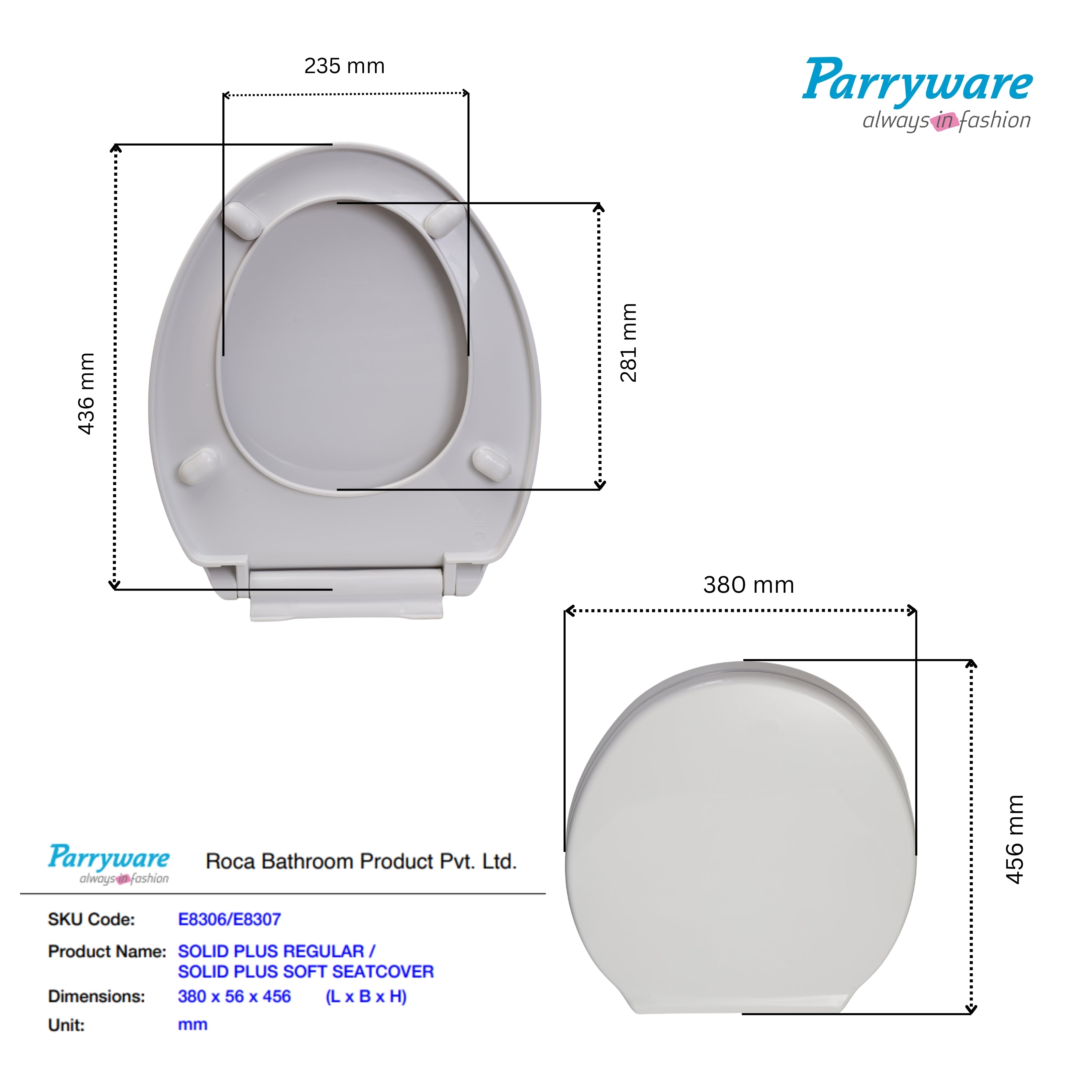Parryware Solid Plus Soft Close Toilet Seat Cover with Hinges | Eco-friendly Material with Superior Finish | Round Shape & White Colour | Seat Covers for Western Commode | Bathroom Fixtures (E83071C)