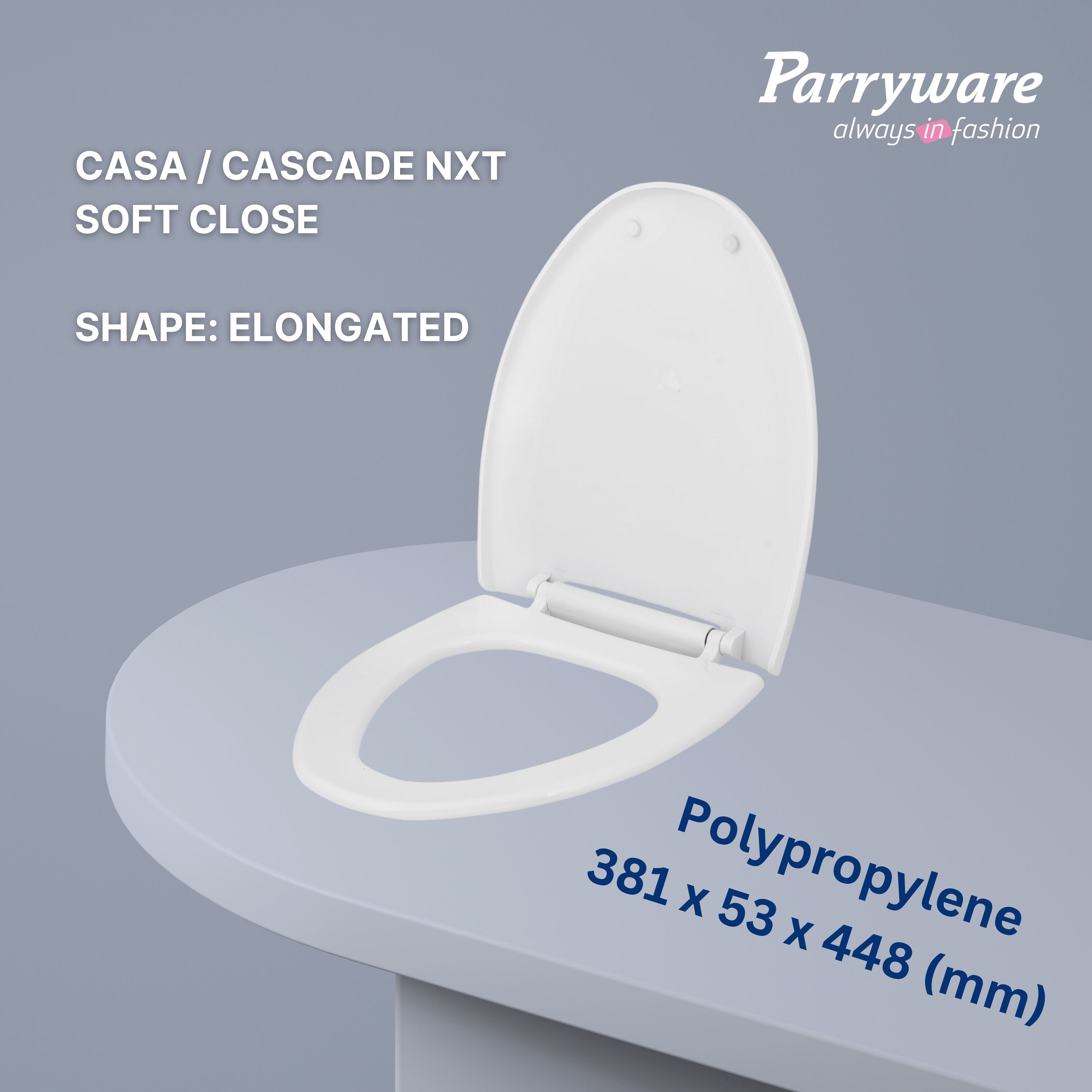 Parryware Casa/Cascade NXT Elongated Soft Close Toilet Seat Cover, White | Polypropylene Seat cover with plastic hinges | 381 x 53 x 448 (mm) | E83821C