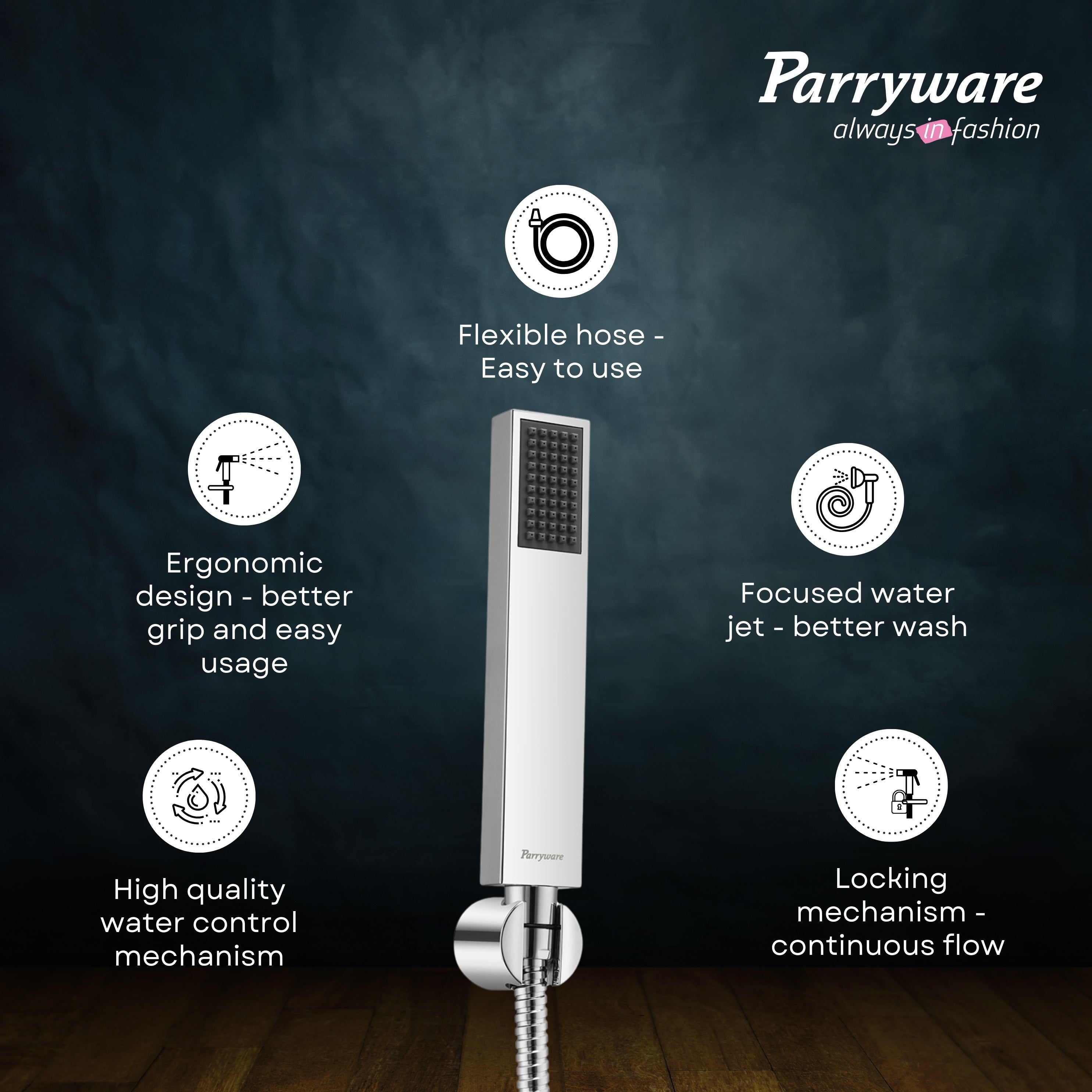 Parryware Sinatra Stick Hand Shower 30mm (with 1.5 mtr hose & hook) - Rain Flow | Square shaped | Massage spray for soothing effect | Chrome finish | T9946A1