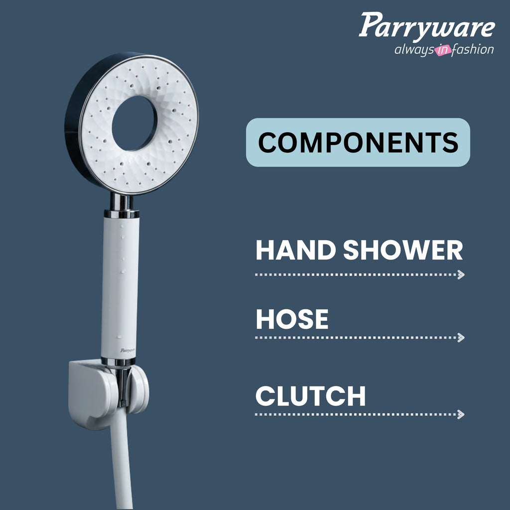 Parryware Multi-Flow 2-Flow Hand Shower 110mm with 1.5 mtr hose & hook | Water-Saving | Handheld shower for bathroom | Air Water Saving Technology | 2-modes of Shower - Jet Flow & Rain Flow | T9872A1