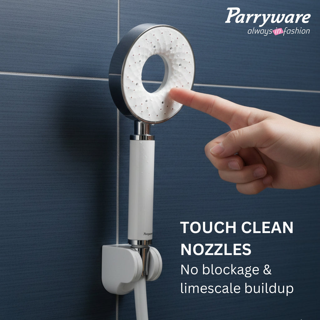 Parryware Multi-Flow 2-Flow Hand Shower 110mm with 1.5 mtr hose & hook | Water-Saving | Handheld shower for bathroom | Air Water Saving Technology | 2-modes of Shower - Jet Flow & Rain Flow | T9872A1