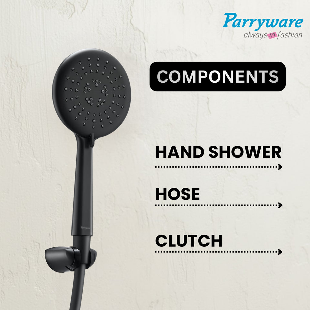 Parryware Airmix Button 3-Function Hand Shower 120 mm With 1.5 Meter Shower Hose Pipe & Wall Hook | Multi-Function Shower | Matte Black | Pack of 1 | for Bath Fixtures | T9862A1
